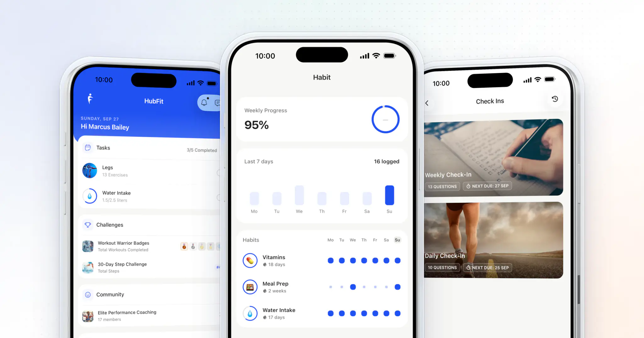 Three HubFit client app screens: the home dashboard with today's tasks, habits with weekly progress, and the check-in list