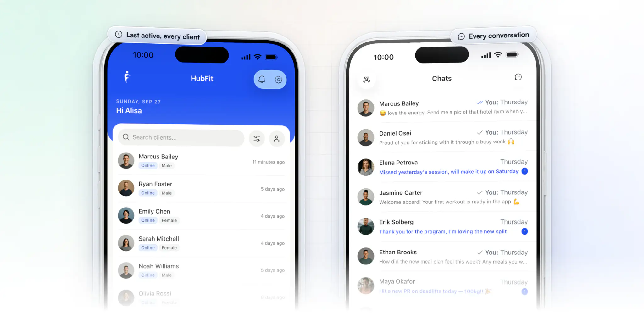Two screens from HubFit's coach app on iPhone: the home screen listing every client with when they were last active, from 11 minutes ago to 6 days ago, beside the chats list with each client's latest message and unread replies