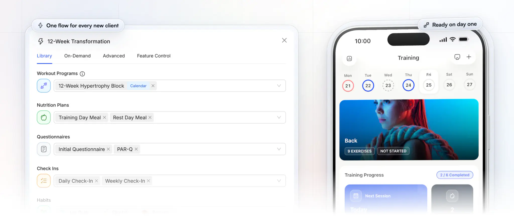 HubFit's onboarding flow builder on the web for a 12-Week Transformation: a workout program, training and rest day meal plans, an initial questionnaire and PAR-Q, daily and weekly check-ins and habits, beside the client app's Training tab with today's Back workout and a 2-session streak