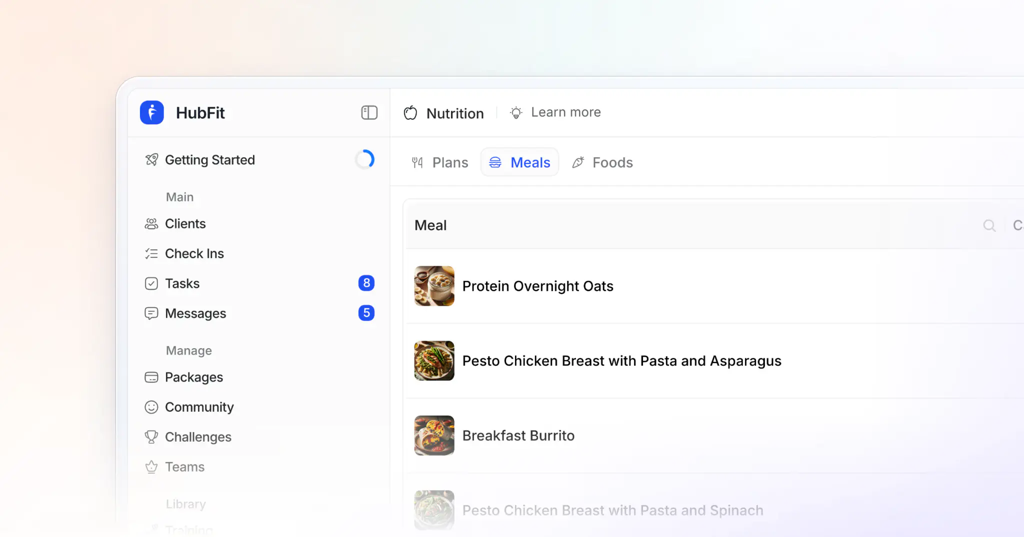 HubFit's meals library on the web, the meals a coach builds plans from