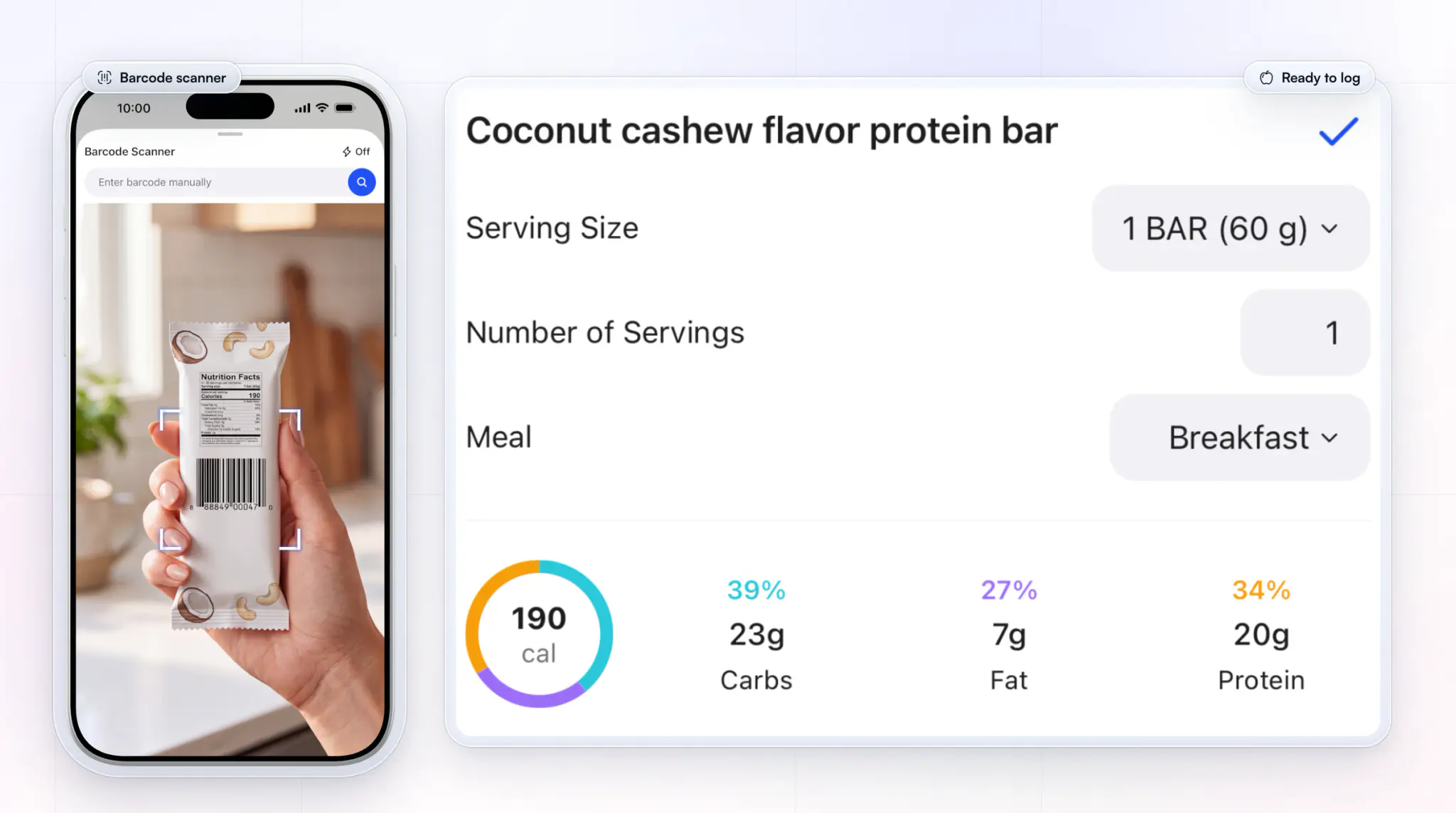 The HubFit app's barcode scanner reading a protein bar in a kitchen, beside the scanned result: a coconut cashew protein bar at 190 calories with 23 g carbs, 7 g fat and 20 g protein, ready to log to breakfast