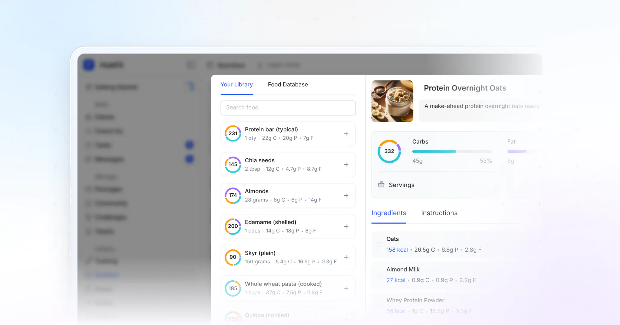HubFit's meal builder on the web: a meal's foods with their calories and macros