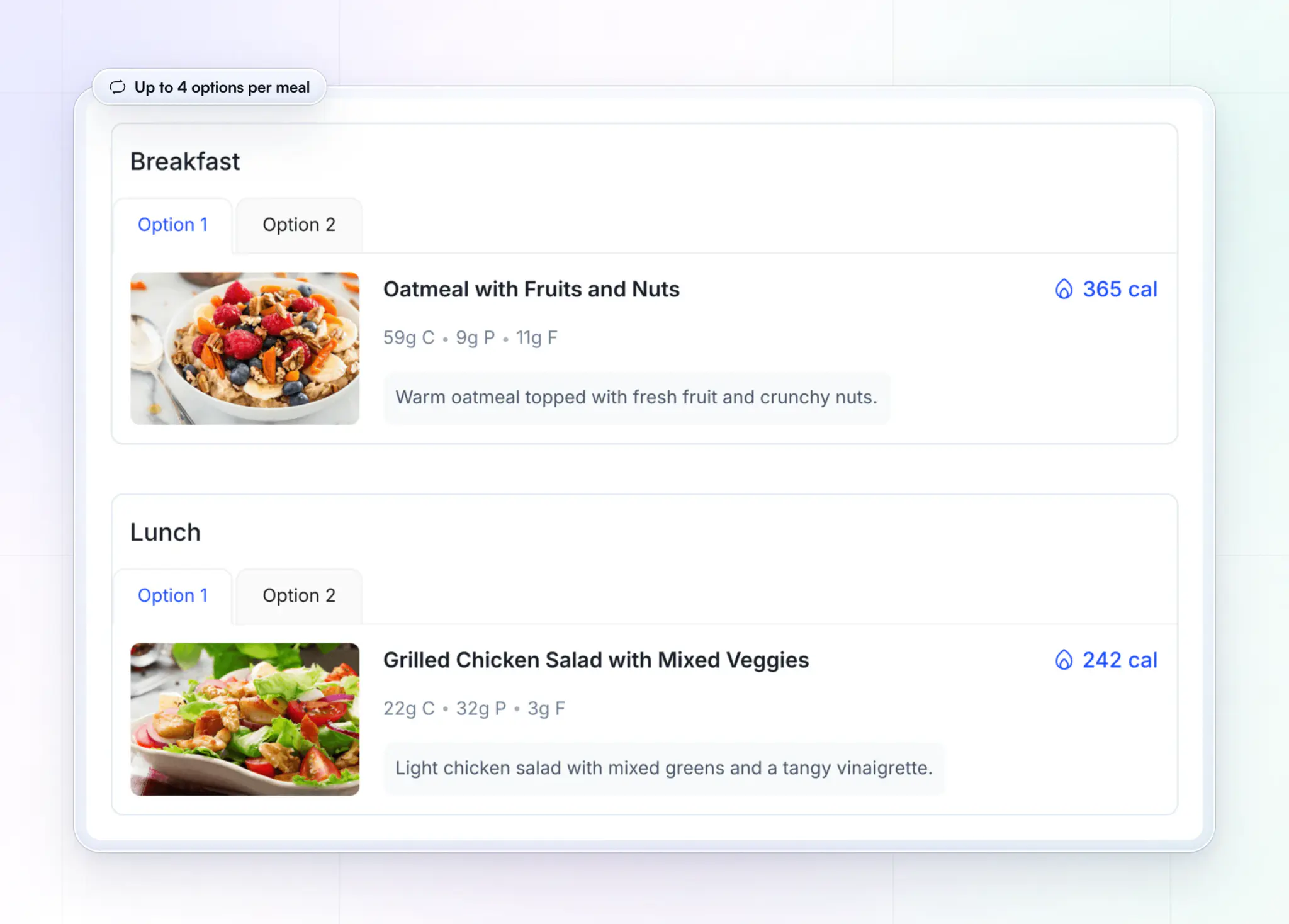 A client's meal plan in HubFit with Option 1 and Option 2 tabs on breakfast and lunch: oatmeal with fruits and nuts at 365 cal and a grilled chicken salad at 242 cal, each with its carbs, protein and fat