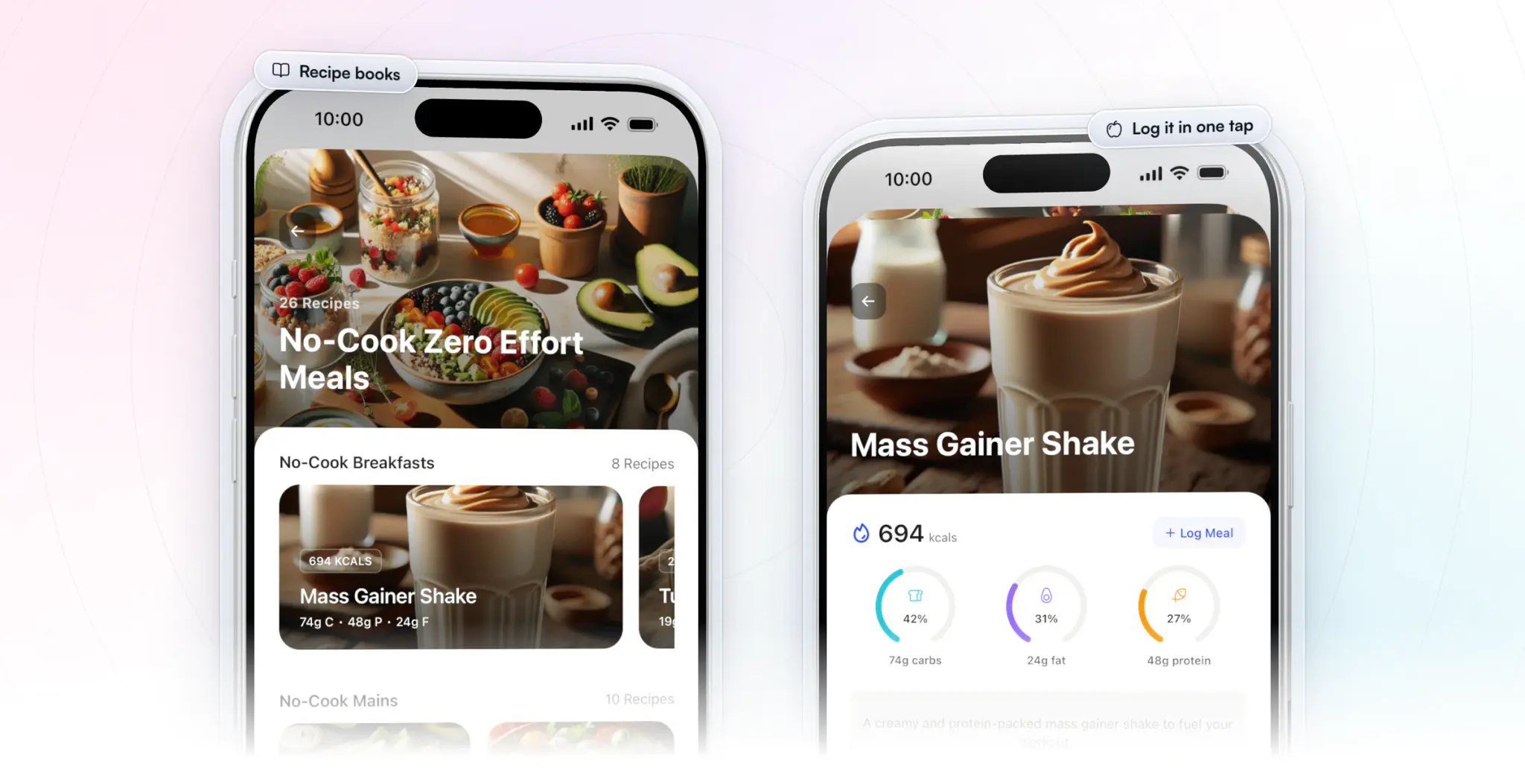 Two HubFit client app screens on iPhone: a recipe book called No-Cook Zero Effort Meals with 26 recipes, and a Mass Gainer Shake recipe at 694 kcal with its carbs, fat and protein, its ingredients and a Log Meal button