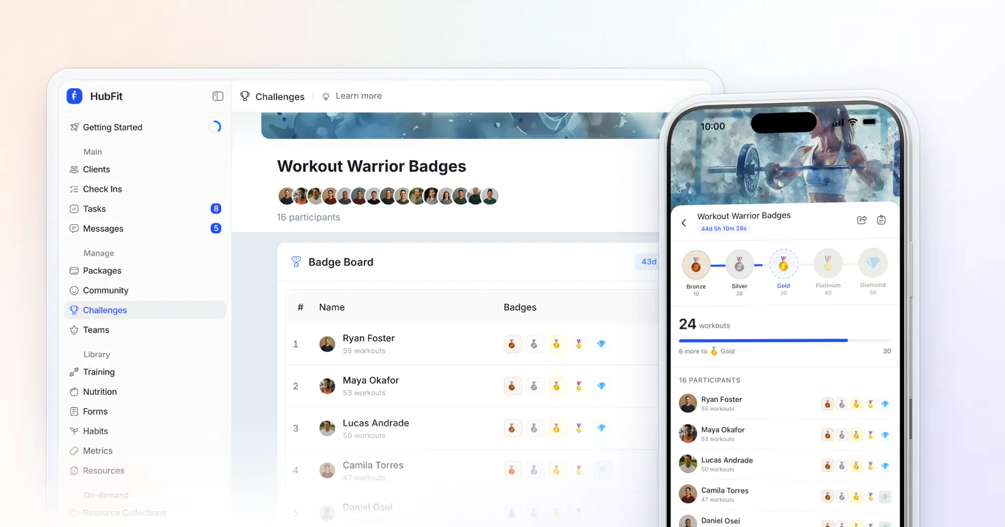 A milestone challenge's badge board in HubFit on the web beside an iPhone showing the badge tiers in the client app