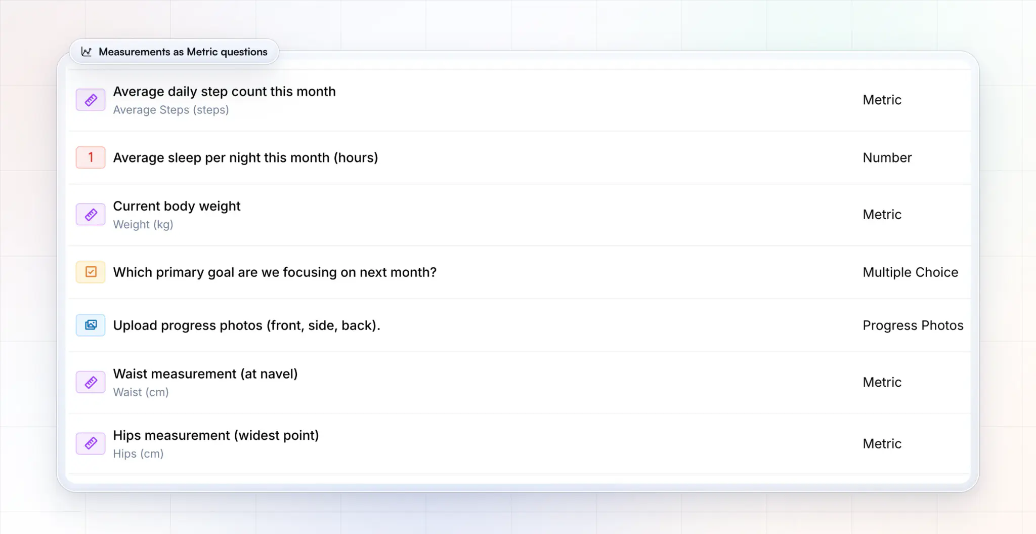 A monthly check-in in HubFit's form builder: the average daily step count, current body weight, waist and hip measurements set up as Metric questions, a Progress Photos question for the front, side and back set, and sleep and next month's goal as number and multiple-choice questions