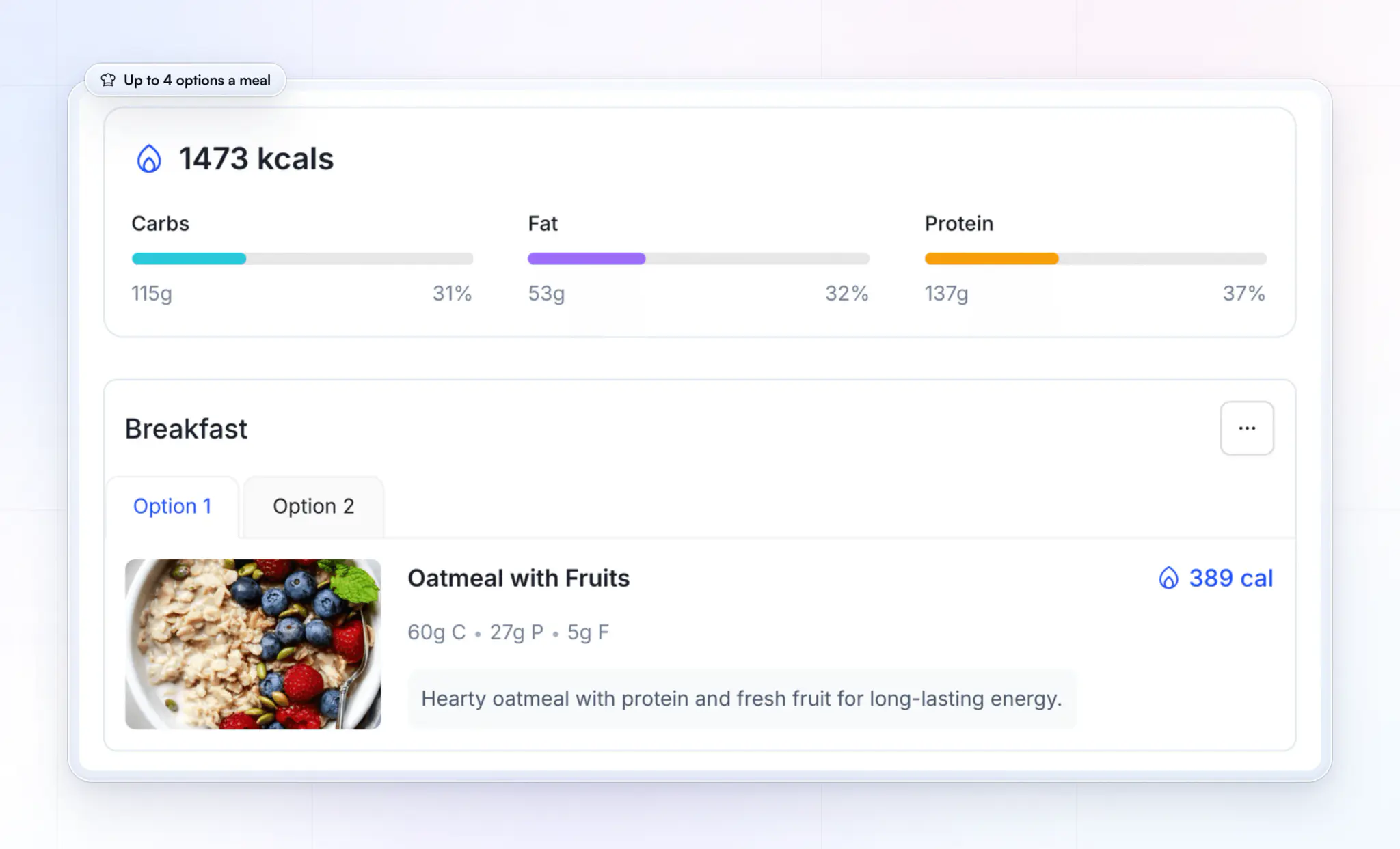 A training-day meal plan in the coach's nutrition library: 1,473 kcal with carbs, fat and protein bars at the top, then breakfast with Option 1 and Option 2 tabs and oatmeal with fruits at 389 calories