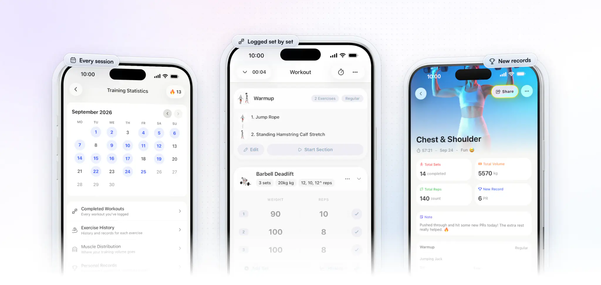 Three iPhones with a client's training in the HubFit app: training statistics with every trained day this month and a streak, a workout in progress with the barbell deadlift sets ticked off, and the finished Chest & Shoulder workout with 14 sets and 6 new records