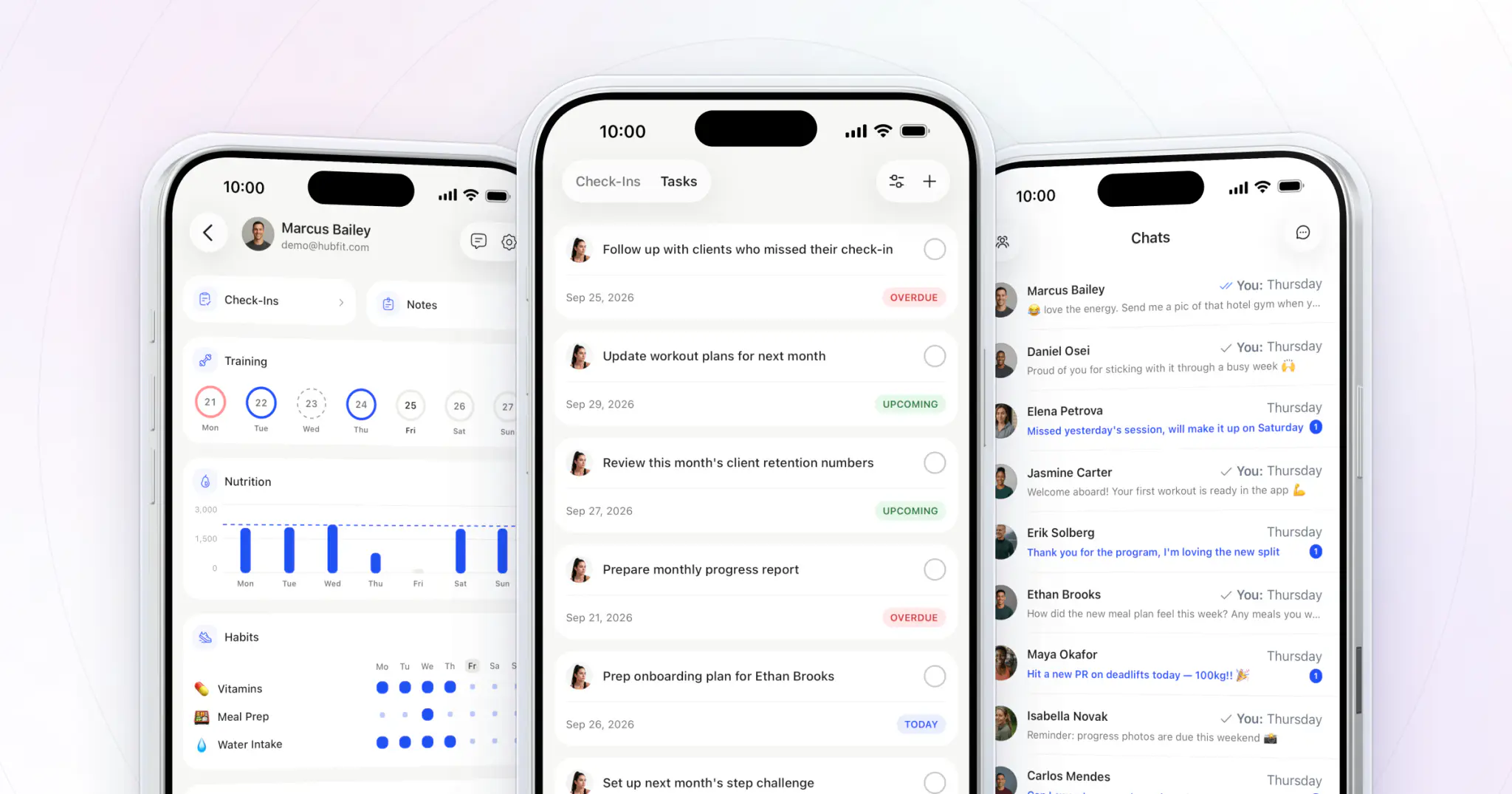 Three HubFit coach app screens: a client's profile, the coach's tasks and the chat list with every client