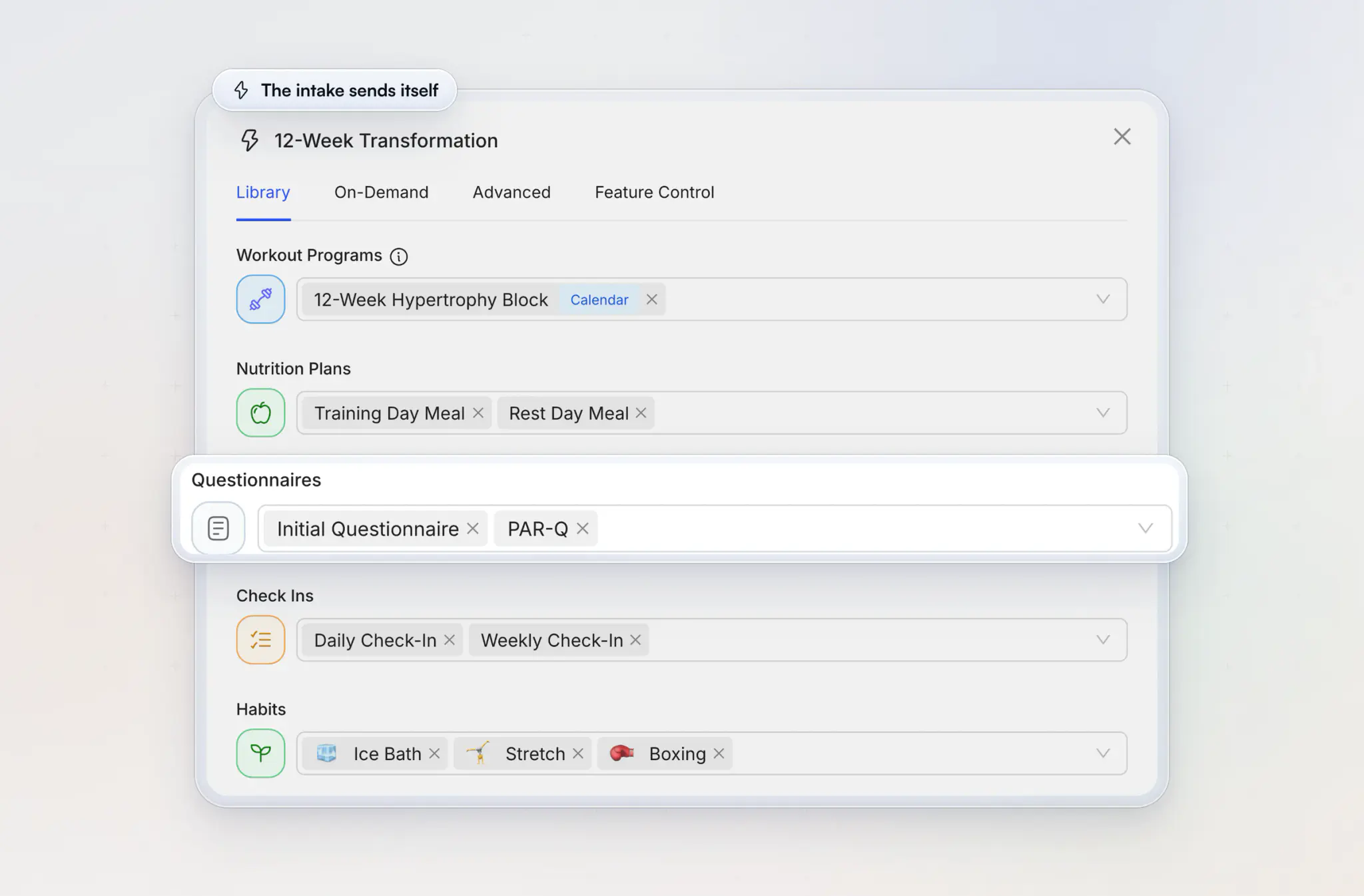 An onboarding flow in HubFit on the web, 12-Week Transformation, that gives every new client a workout program, a training day and rest day meal plan, the Initial Questionnaire and PAR-Q, daily and weekly check-ins and habits, with the questionnaires lifted out