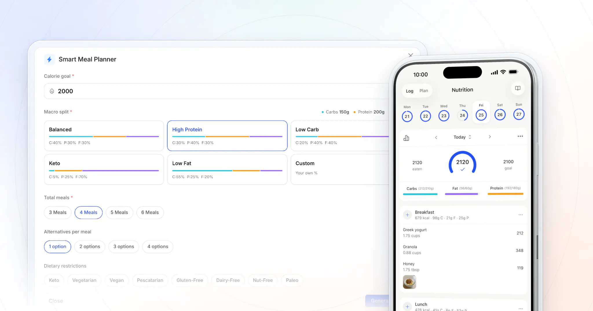 HubFit's Smart Meal Planner on the web building a high-protein plan, beside an iPhone showing the client's nutrition log for the day
