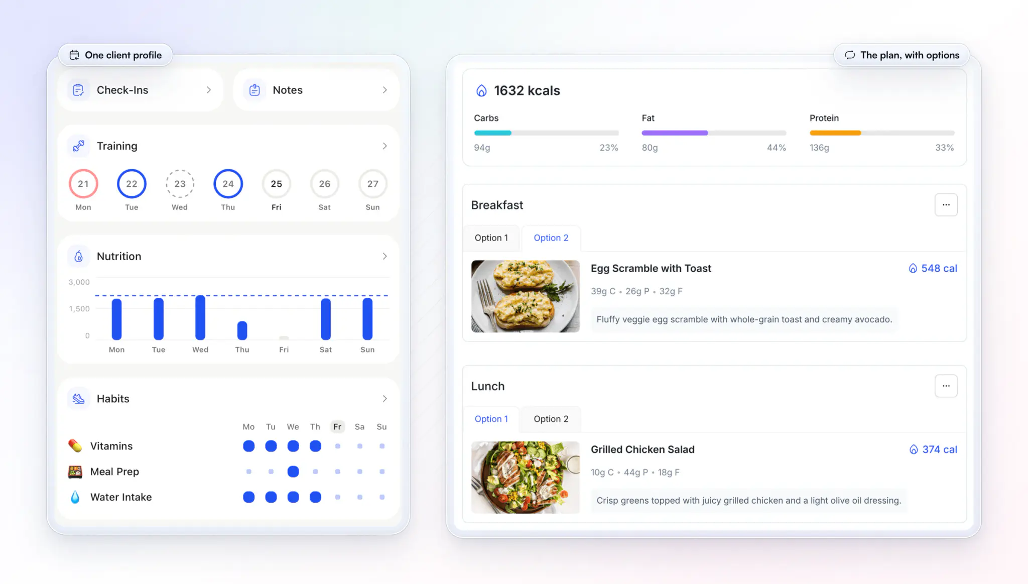 A client's profile in the HubFit coach app, with the week's calories by day and three habits (Vitamins, Meal Prep, Water Intake) checked off by day, beside a Training Day Meal plan on the web at 1,632 kcal with Option 1 and Option 2 for breakfast and lunch