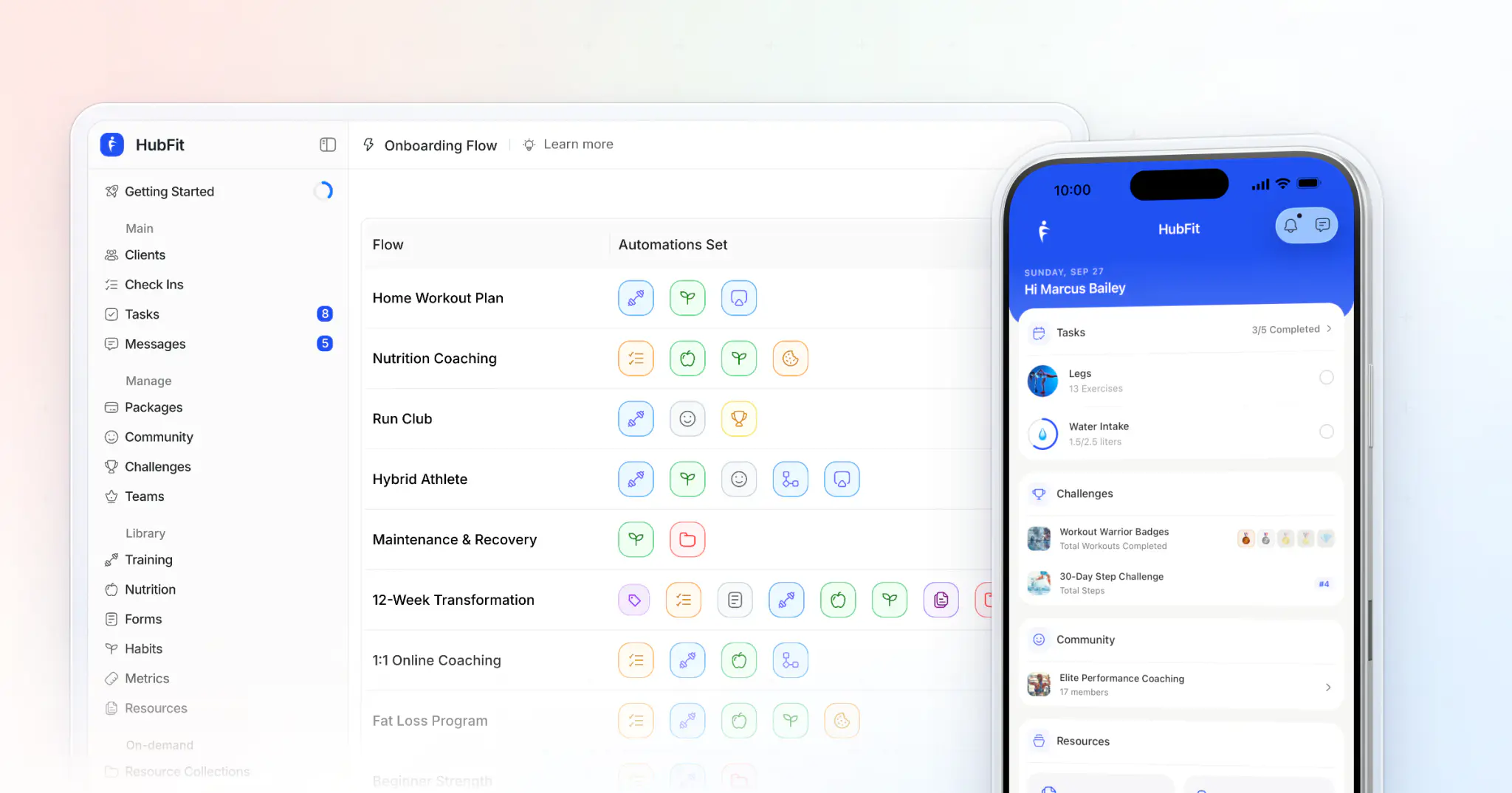 HubFit's onboarding flows on the web beside an iPhone showing a new client's home screen with their first tasks assigned