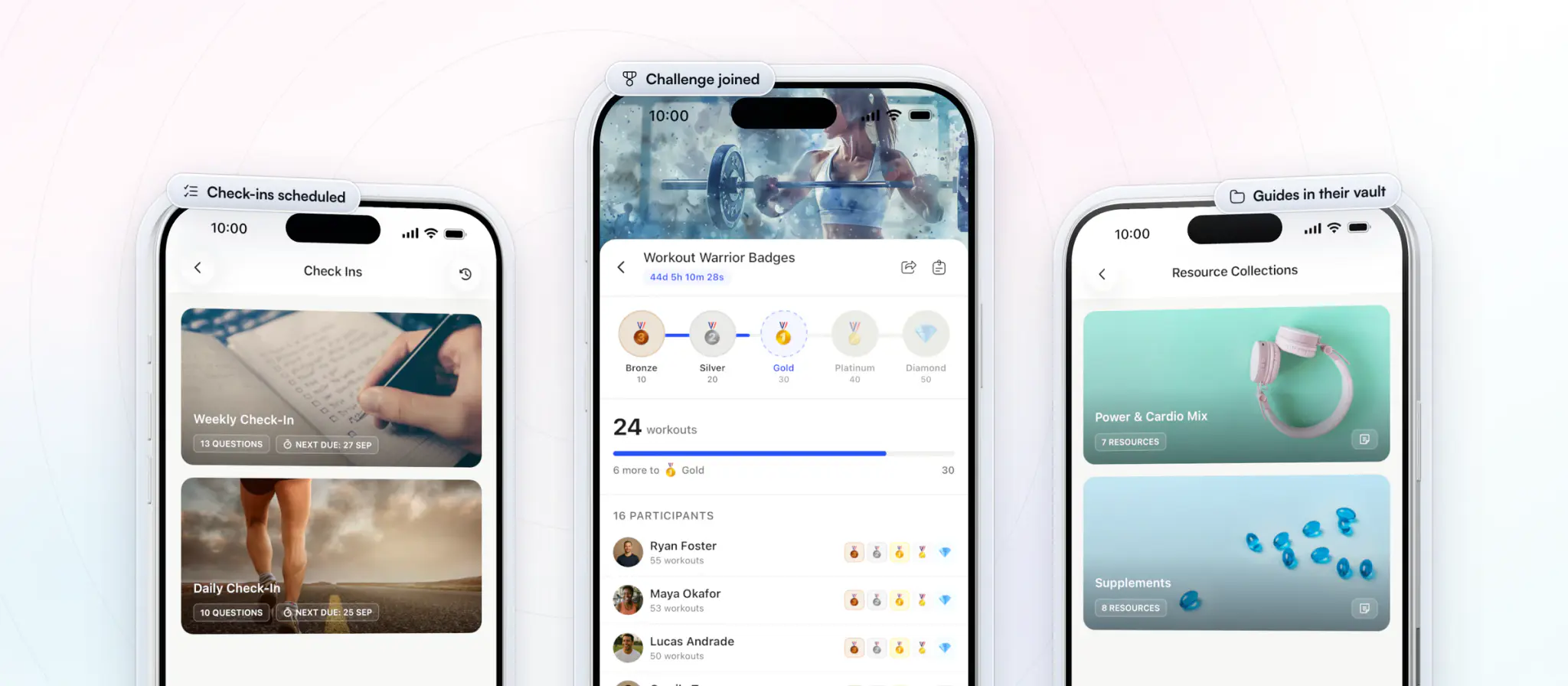 More of what an onboarding flow sets up in the client app: their weekly and daily check-ins with the next due dates, the Workout Warrior Badges milestone challenge with Bronze and Silver earned, and the coach's resource collections, Power & Cardio Mix and Supplements