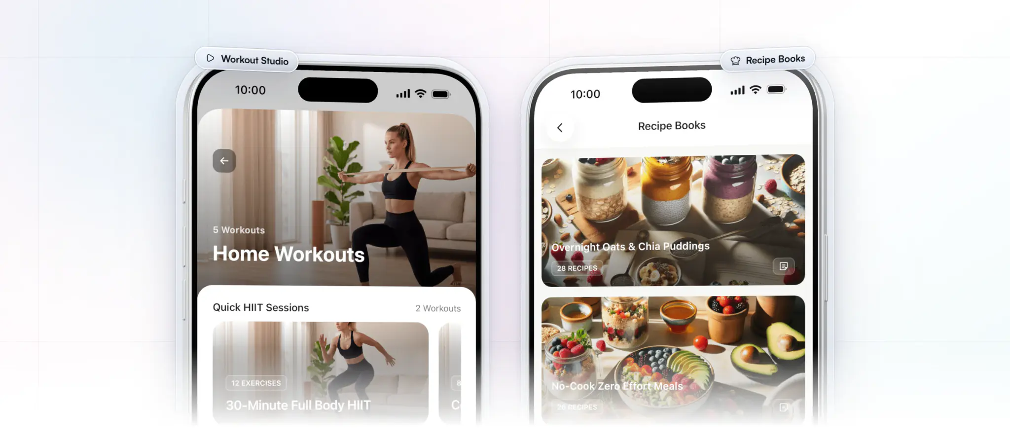Two iPhones with on-demand content in the HubFit client app: a Home Workouts collection with a 30-minute full-body HIIT session and strength workouts, and Recipe Books with overnight oats and no-cook meals