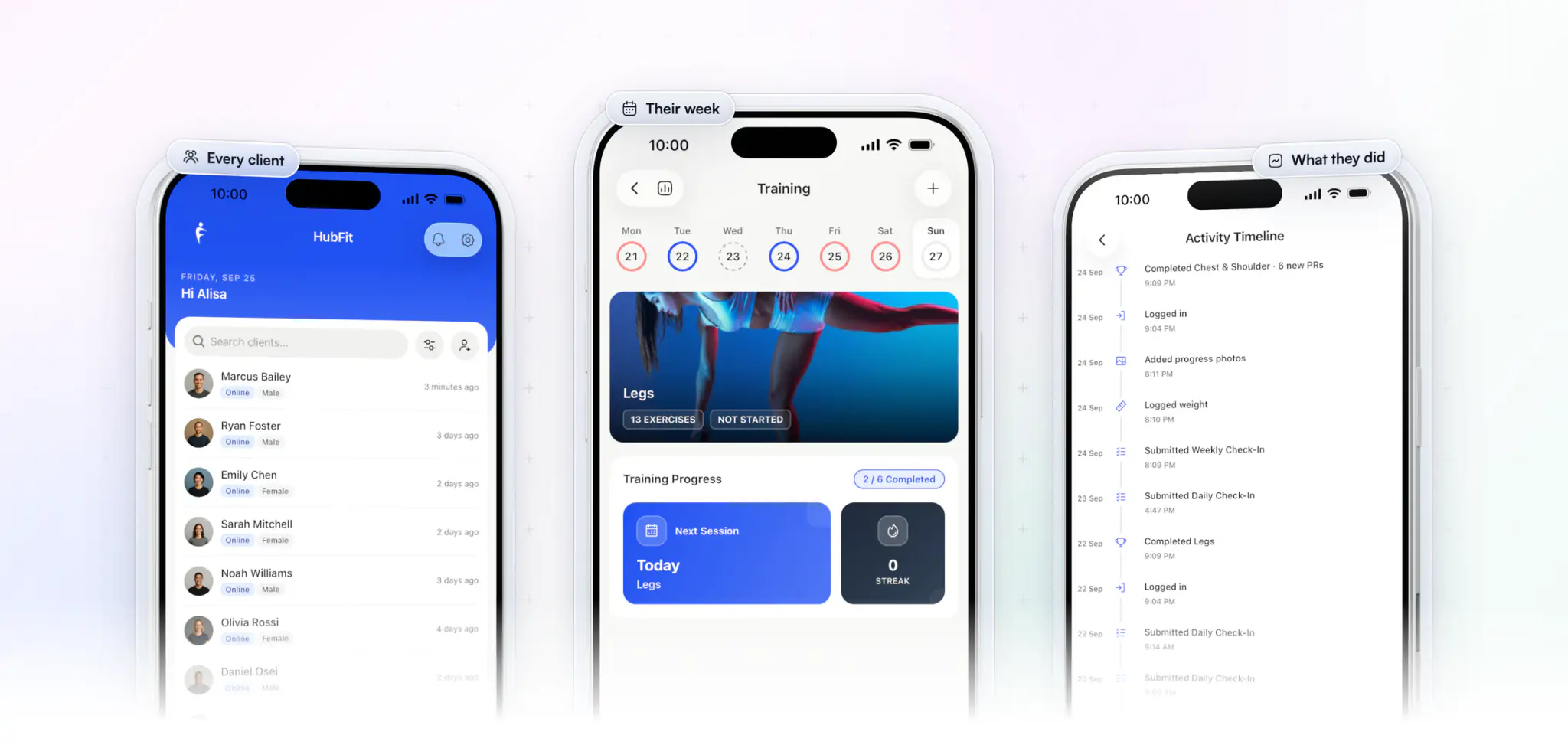 Three iPhones with the coach app: the client list with every client and their last activity, one client's training week with today's Legs session and their progress, and that client's activity timeline of completed workouts, check-ins and logged weight