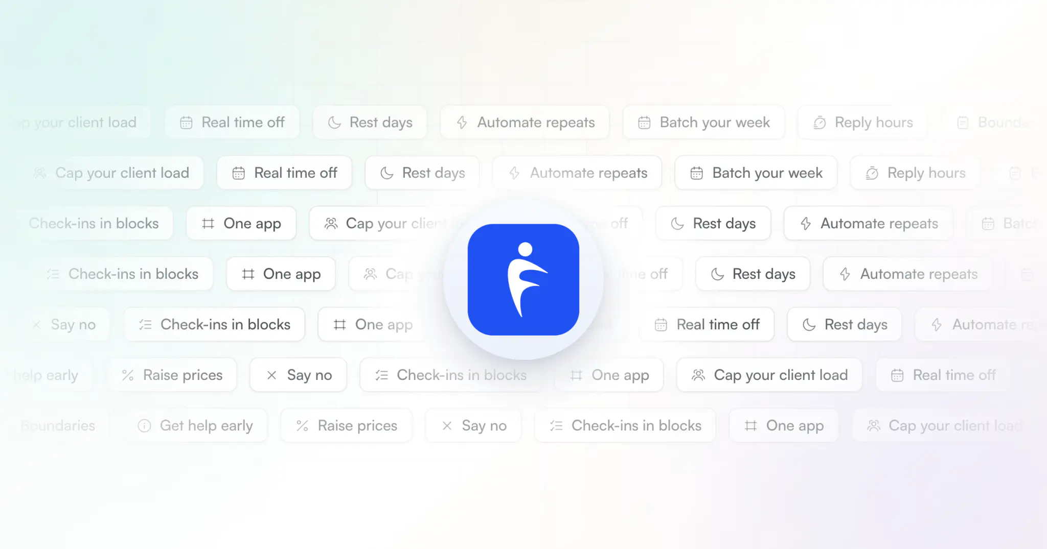 Rows of burnout fixes as soft tags, such as cap your client load, reply hours and automate repeats, around the HubFit app icon