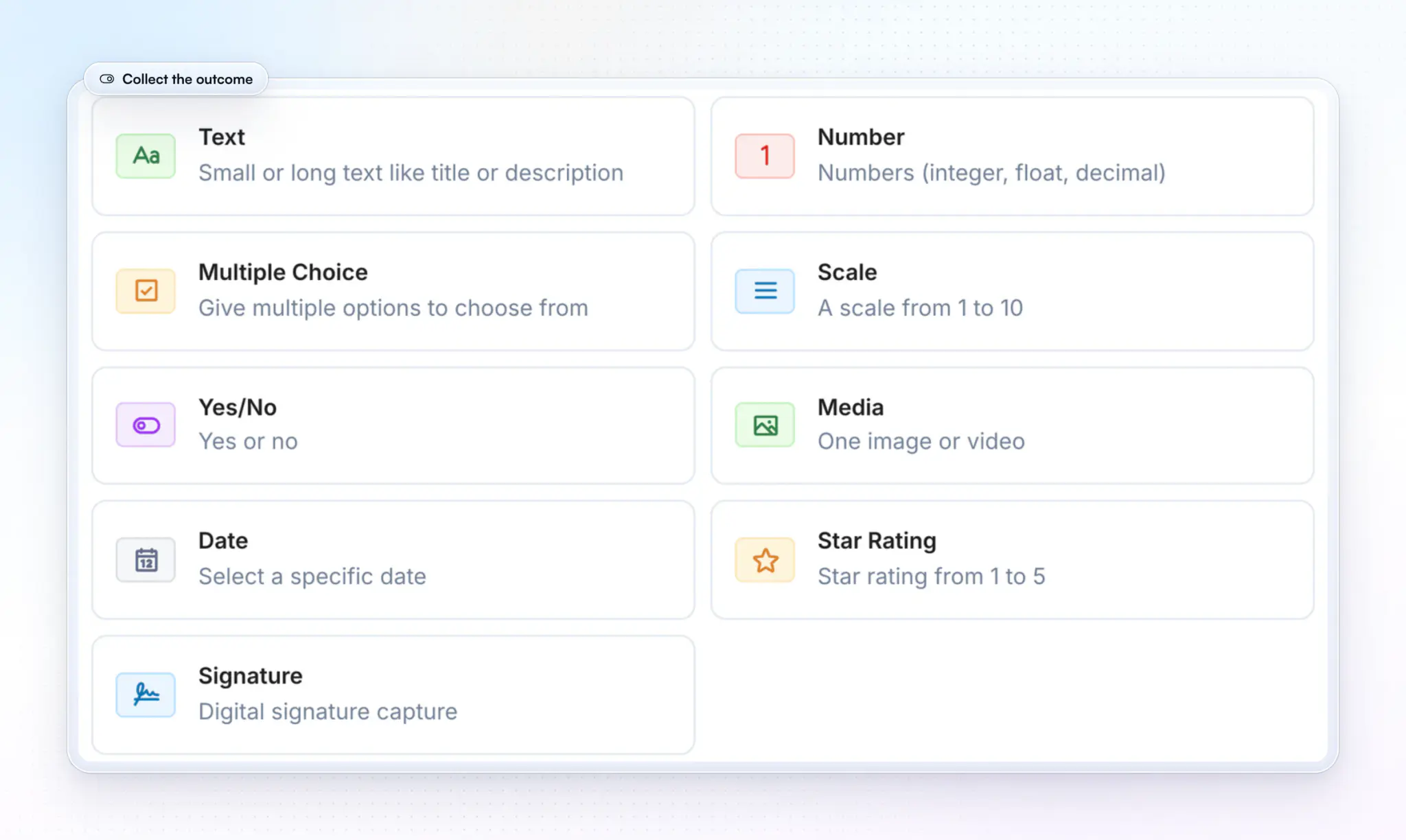 HubFit's Add Question window: Text, Number, Multiple Choice, Scale, Yes/No, Media, Date, Star Rating and Signature question types