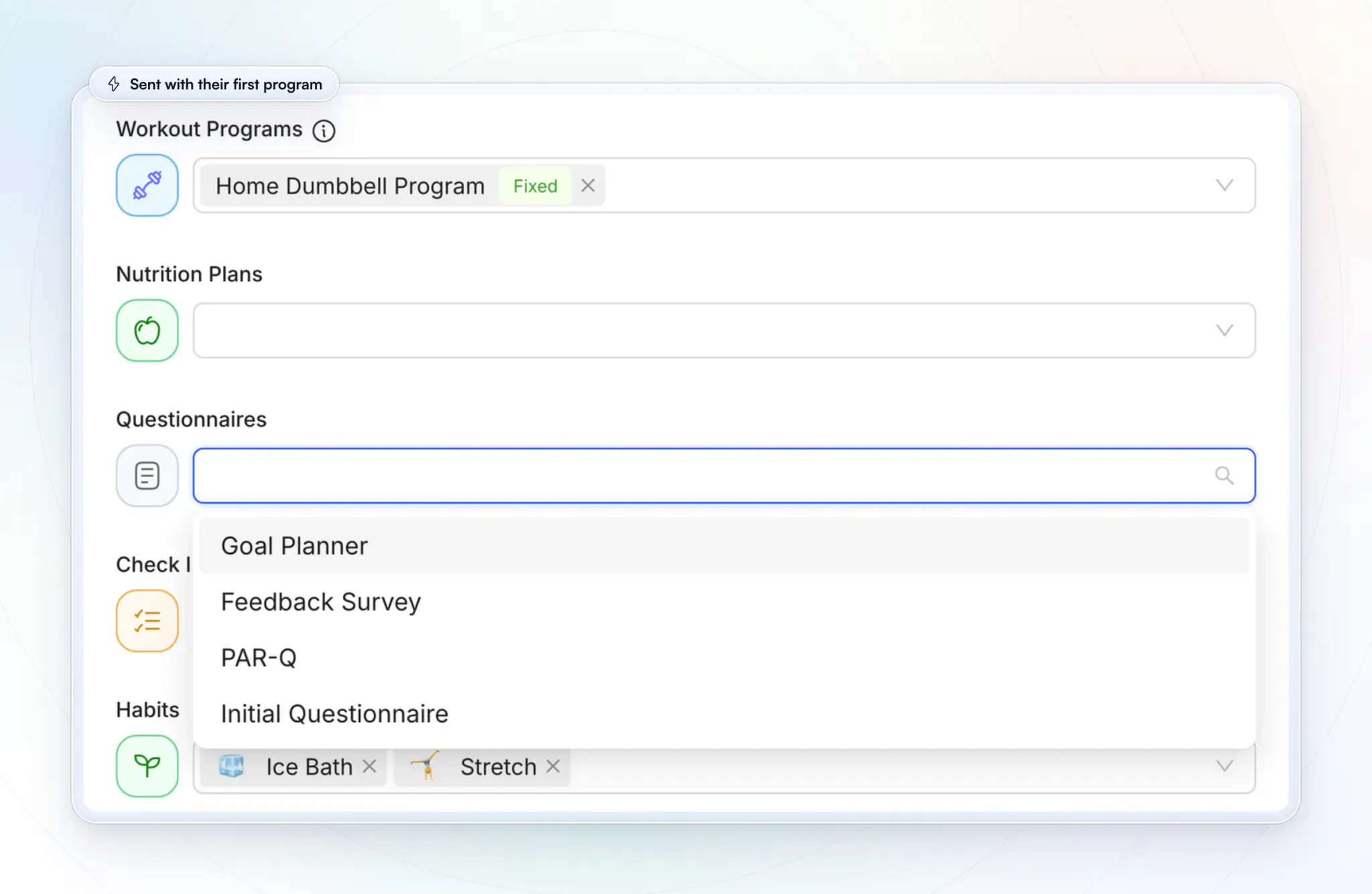 A HubFit Onboarding Flow, Home Workout Plan: a workout program and habits assigned, with the Questionnaires field open to choose the questionnaire every new client gets
