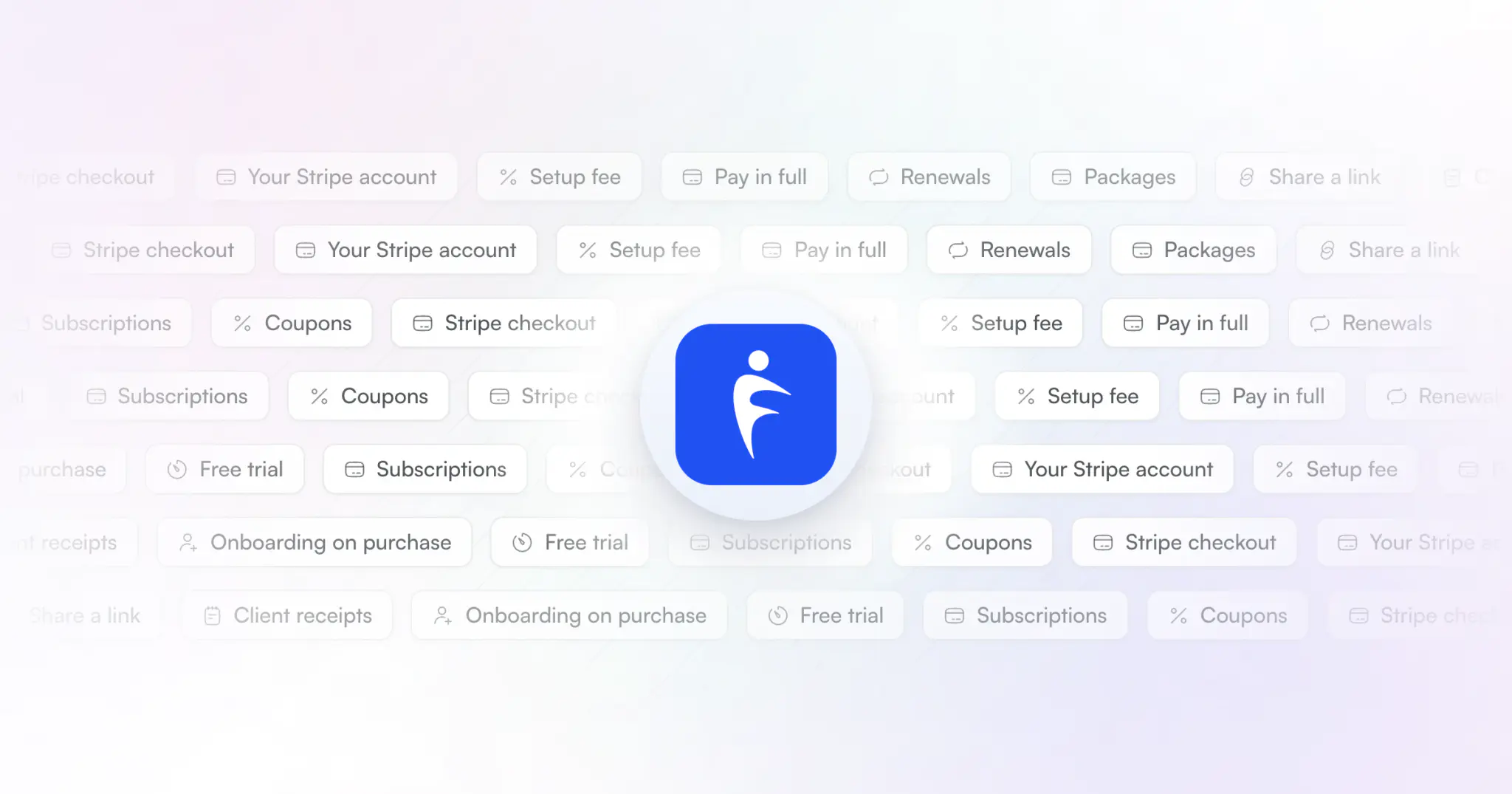 Rows of payment features as soft tags, such as Stripe checkout, packages, subscriptions and onboarding on purchase, around the HubFit app icon