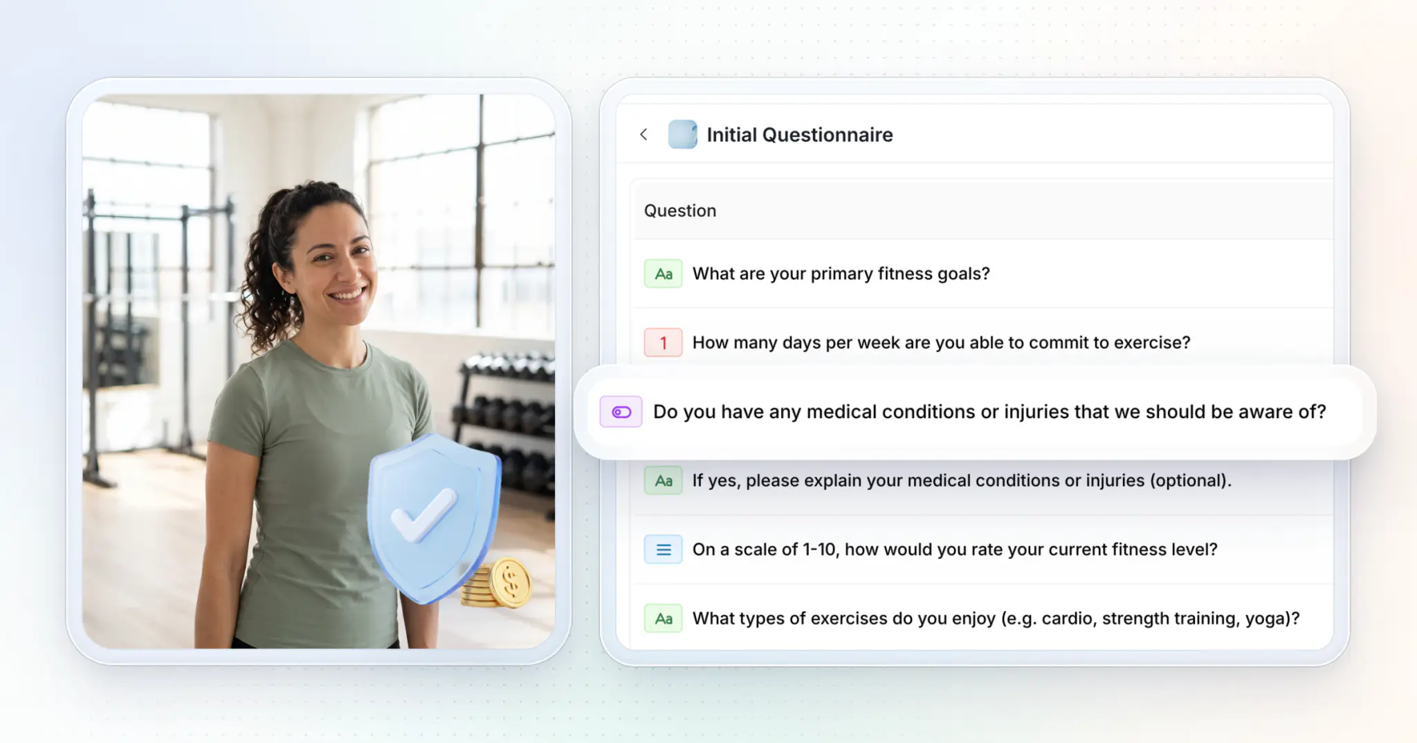 A smiling female personal trainer in a bright training studio, a frosted blue glass shield with gold dollar coins, and HubFit's Initial Questionnaire with the question about medical conditions or injuries lifted out