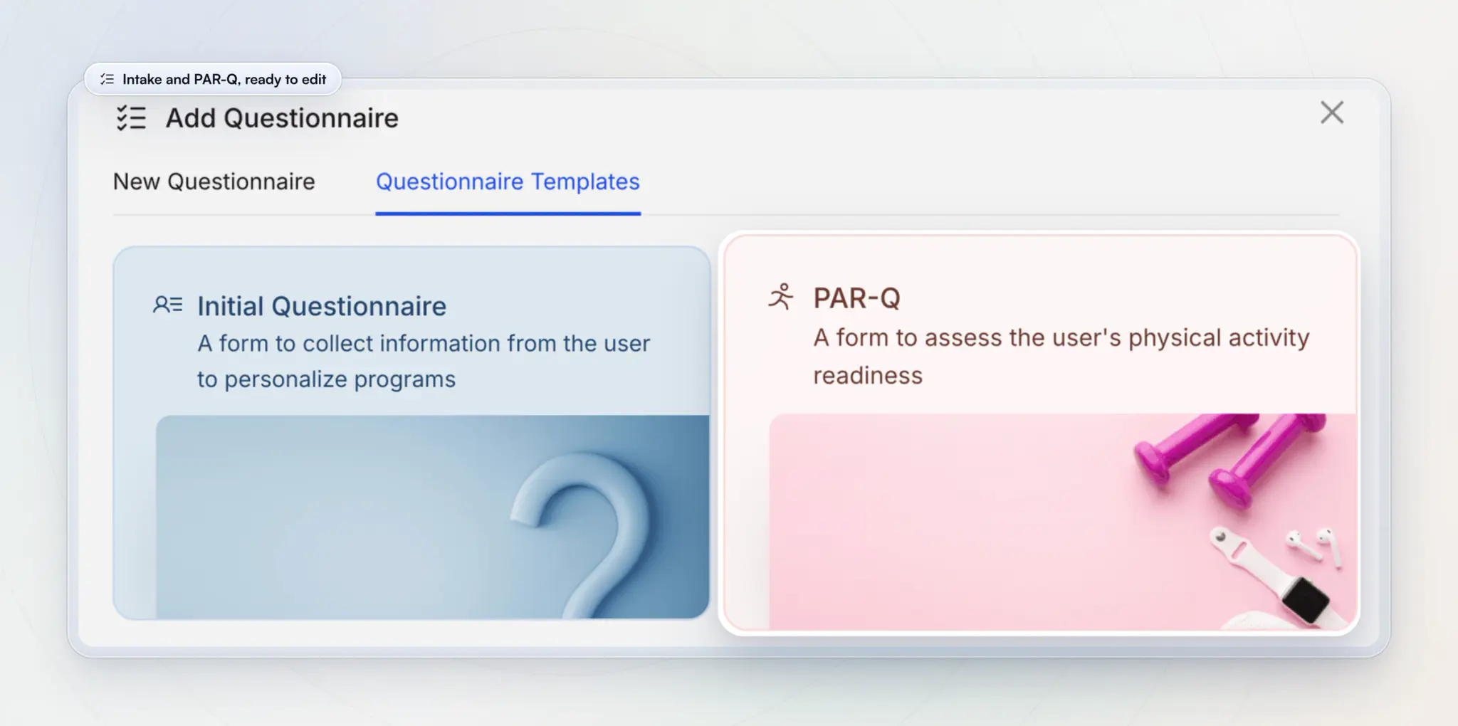 The questionnaire templates on the web: an Initial Questionnaire to personalize programs and a PAR-Q form to assess physical activity readiness, with the PAR-Q card lifted out