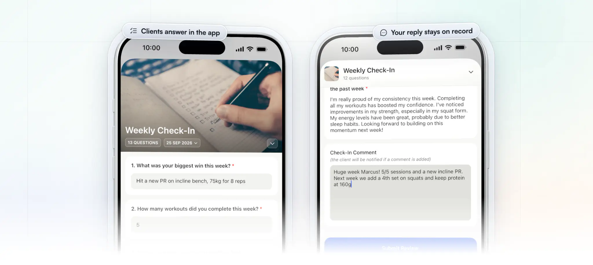 Two iPhones: the client's weekly check-in in the app, answered with a new incline bench PR and five workouts that week, and the coach app where the coach writes a check-in comment the client is notified about
