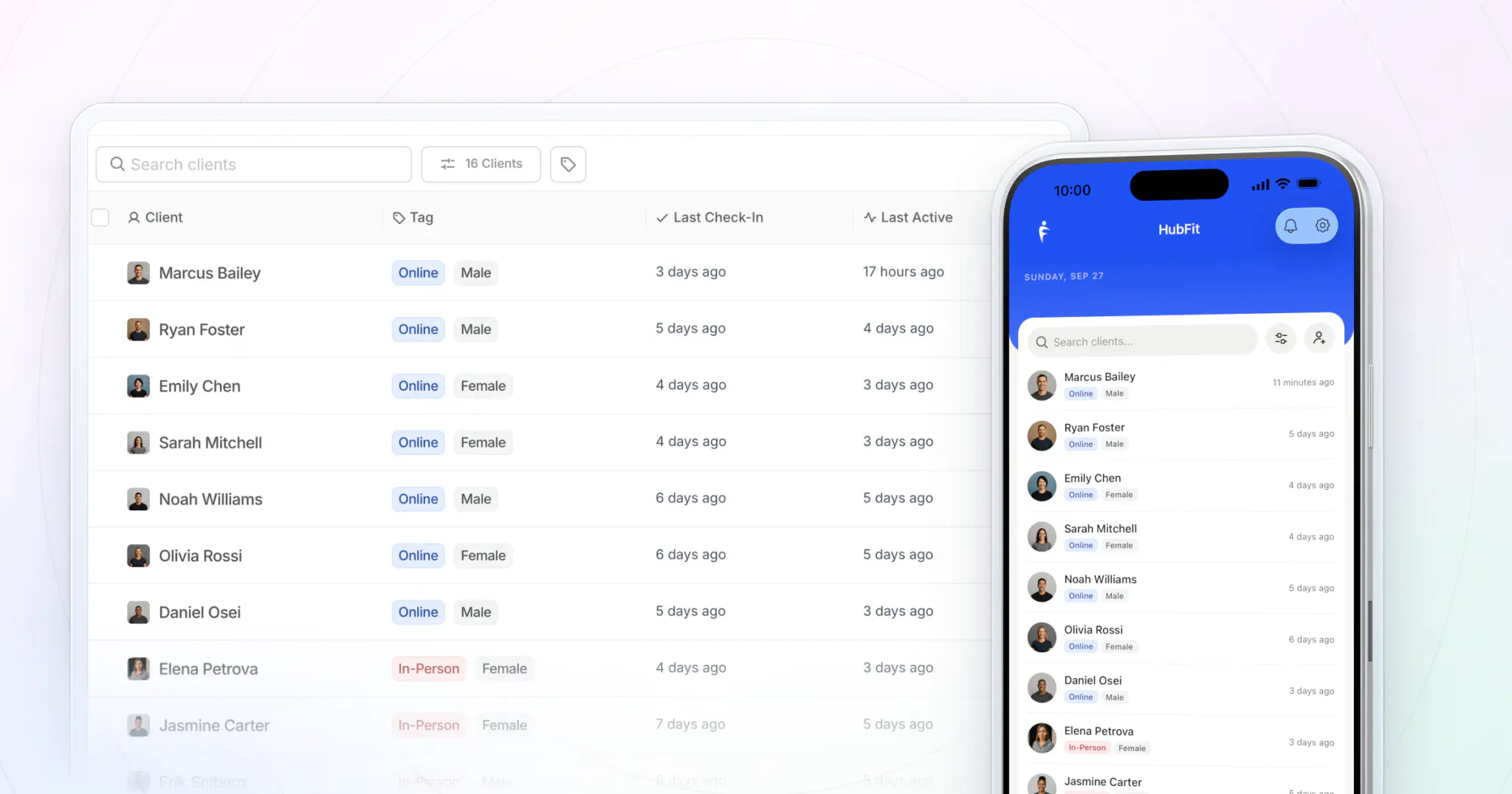 A coach's client list in HubFit on the web, each client tagged Online, In-Person or Hybrid with their last check-in and activity, beside the coach app's client list on an iPhone with the same clients and tags