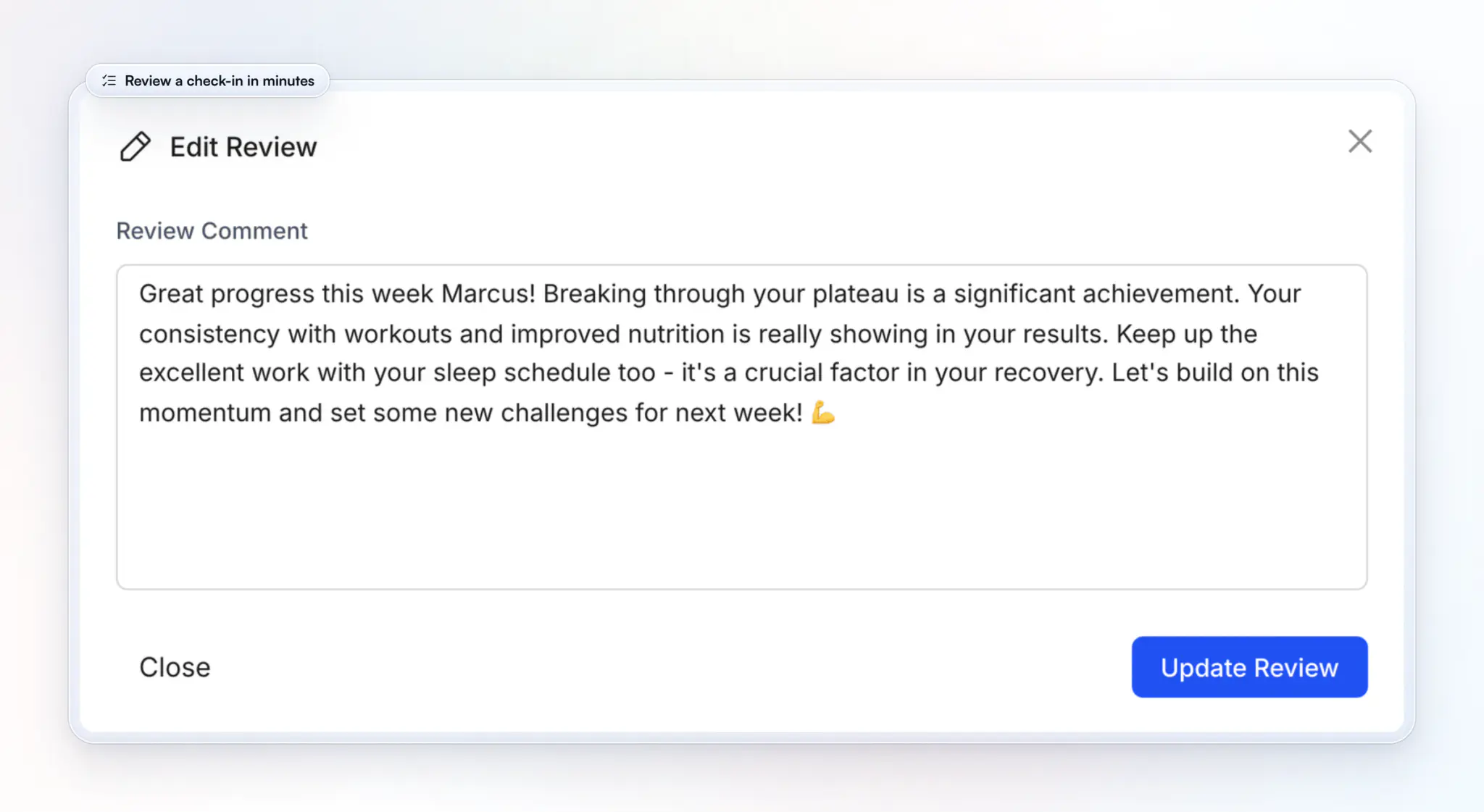 A coach's written review of a client's weekly check-in in HubFit on the web, with the comment and the Update Review button