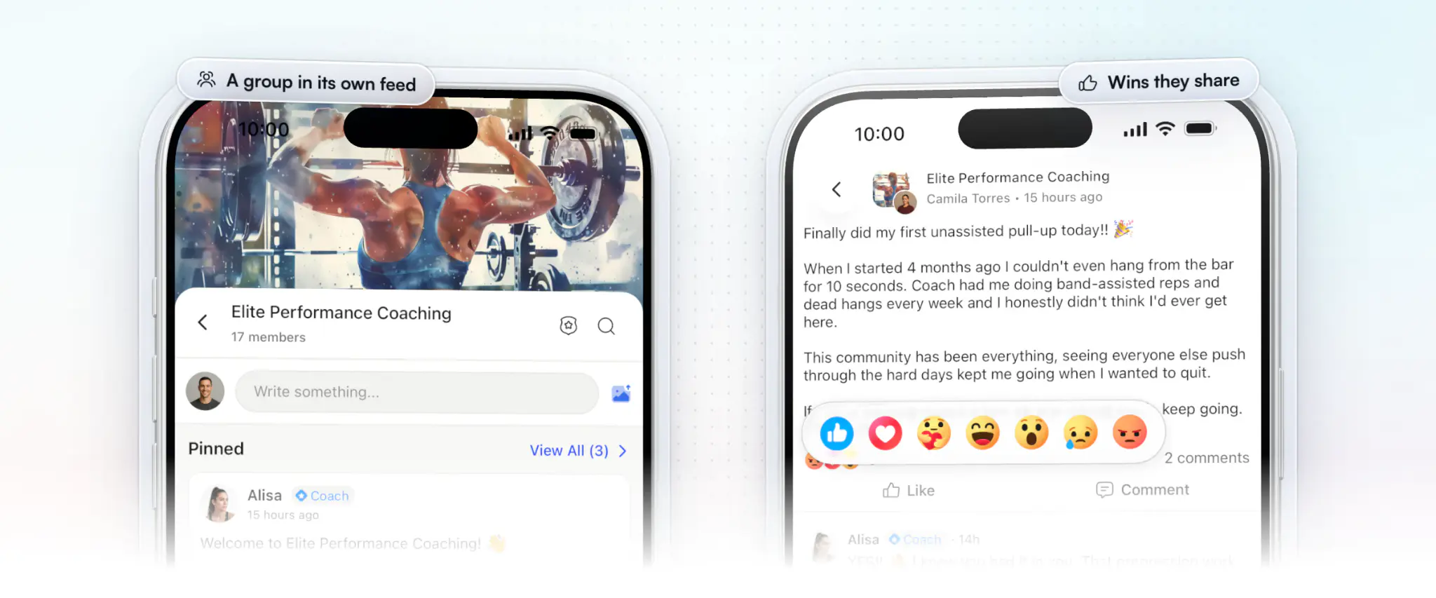 Two iPhones in a coaching group's own community in the HubFit app: the Elite Performance Coaching feed with its banner and post box, beside a member's post about a first unassisted pull-up after four months, with the reaction bar and the coach's reply under it