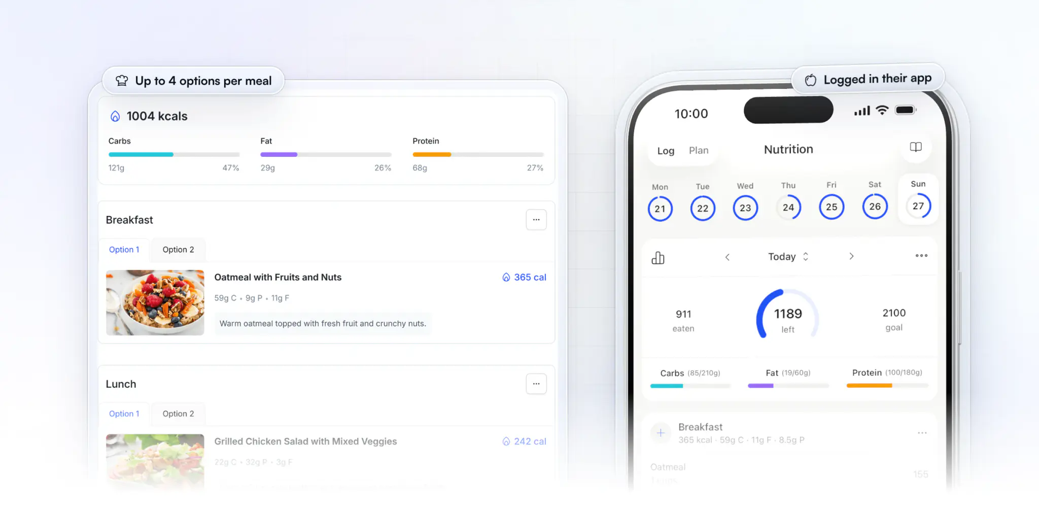 A meal plan from coach to client: the client's rest-day plan on the coach's desktop at 1,004 kcal, with Option 1 and Option 2 tabs for breakfast and lunch, beside the client's nutrition log in the app with today's calories and macros and the oatmeal breakfast logged