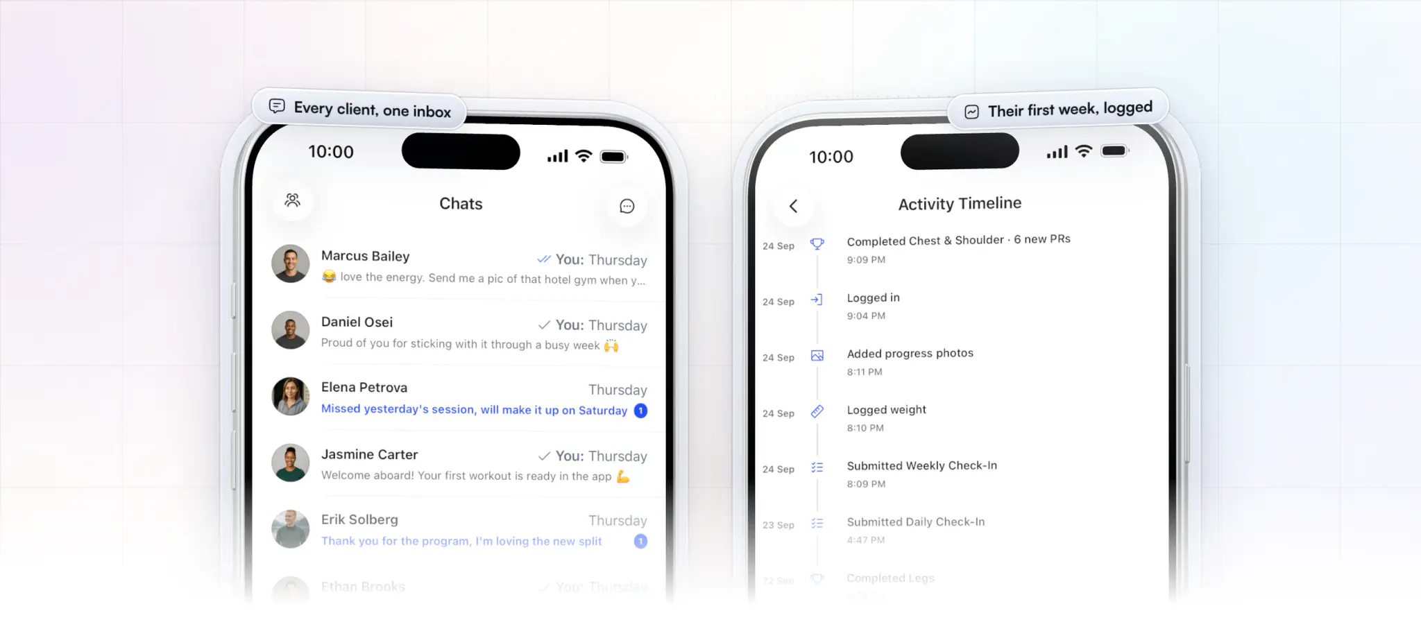 The first week after the switch, in the coach app: every client conversation in one chat list, from thanks for a new program to a new deadlift PR, beside one client's activity timeline with completed workouts, new PRs and submitted check-ins
