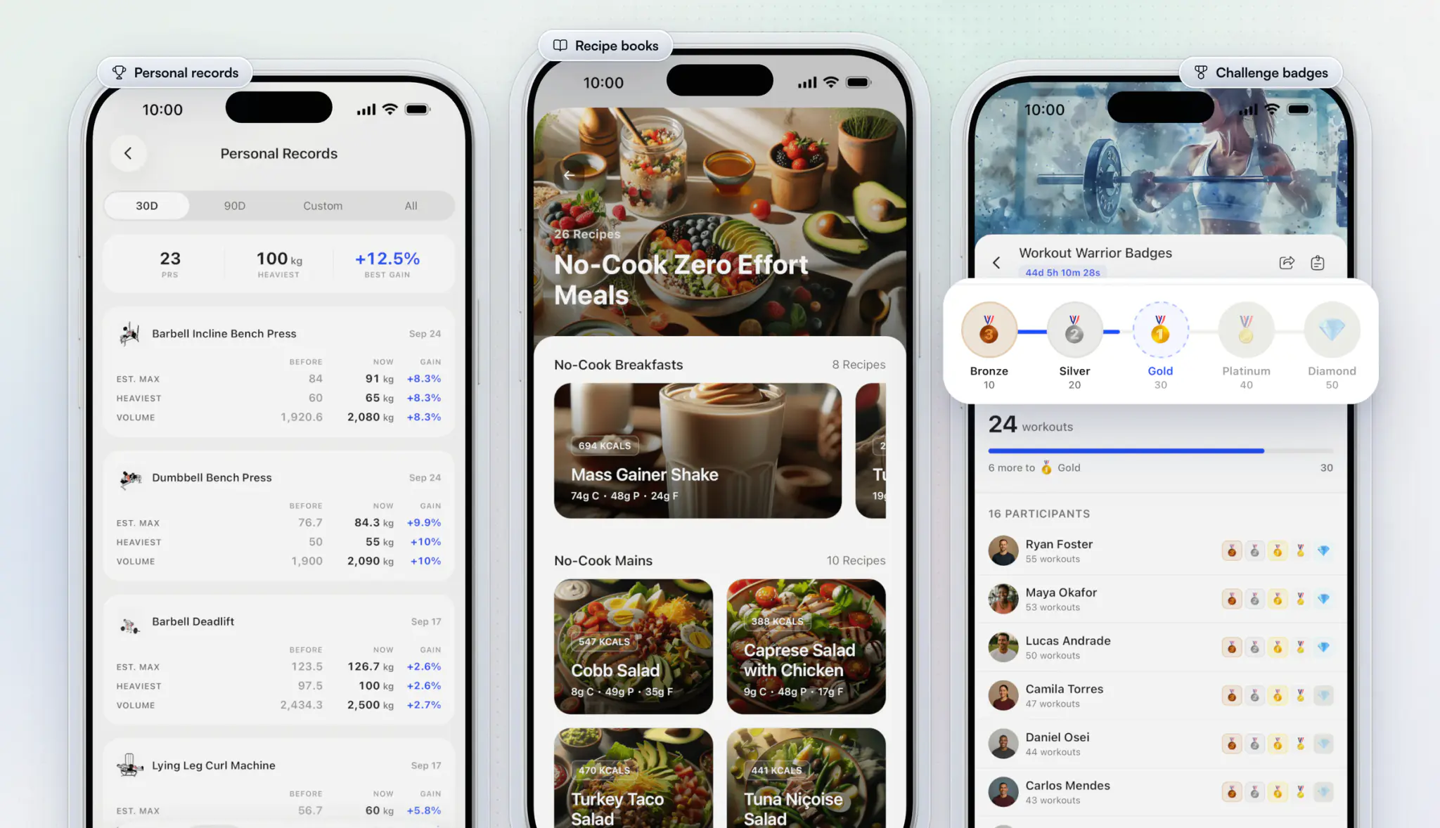 Three screens from the client app: Personal Records with 23 PRs in 30 days and the gain on each lift, a No-Cook Zero Effort Meals recipe book, and Workout Warrior Badges with bronze to diamond tiers and the challenge's participants