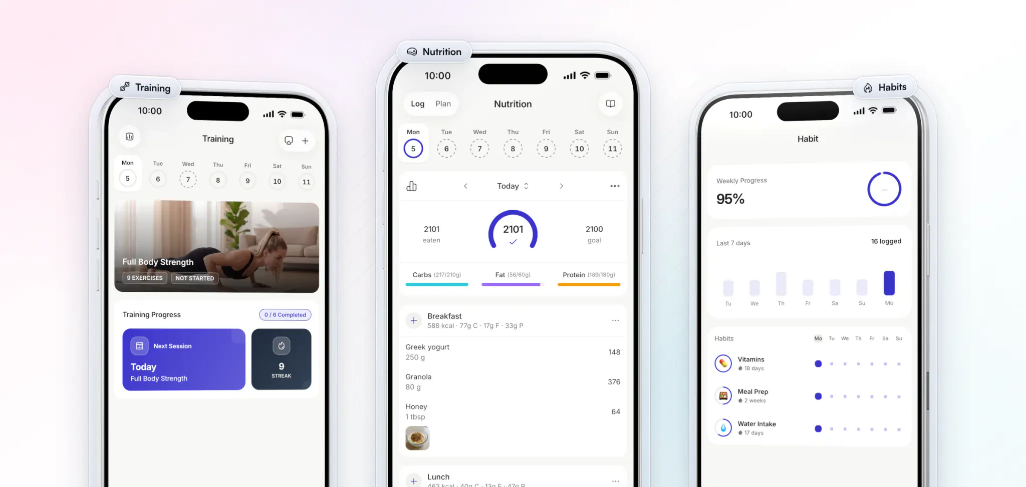 The coaching inside a coach's own app, shown with an example brand: today's Full Body Strength session on the training screen, the day's food log against calorie and macro targets, and daily habits for vitamins, meal prep and water intake with their streaks