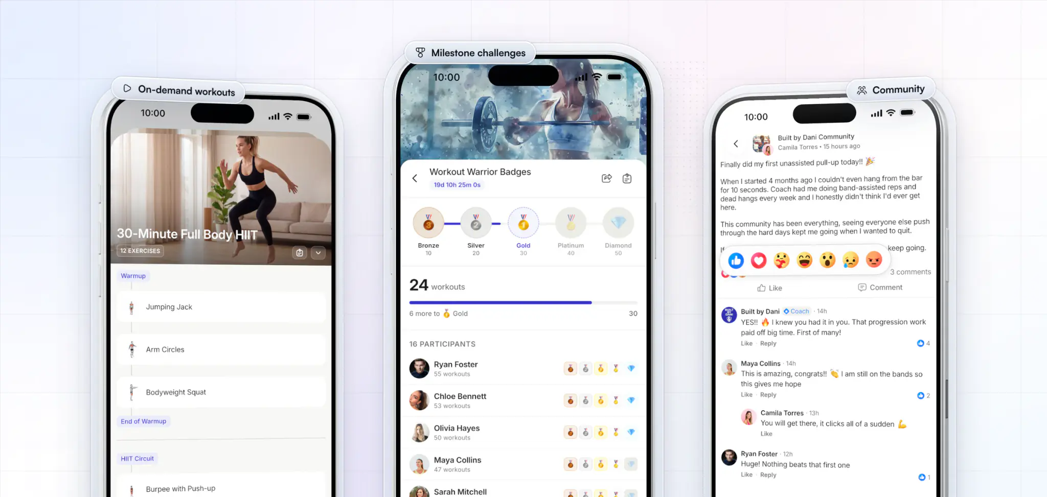 Three screens that keep clients coming back to a coach's own app, shown with an example brand: an on-demand 30-Minute Full Body HIIT workout, the Workout Warrior milestone challenge with its bronze to diamond badges, and a client's first pull-up shared in the coach's community with the coach's reply