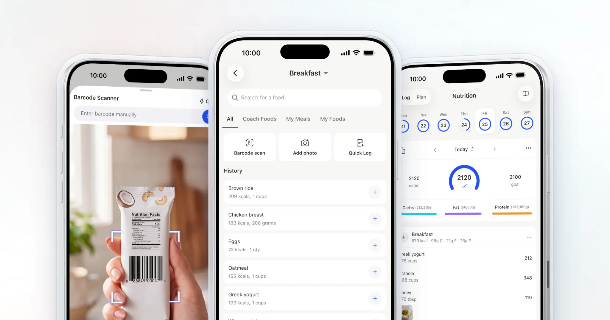 Three HubFit client app screens: the barcode scanner, food search and today's nutrition log