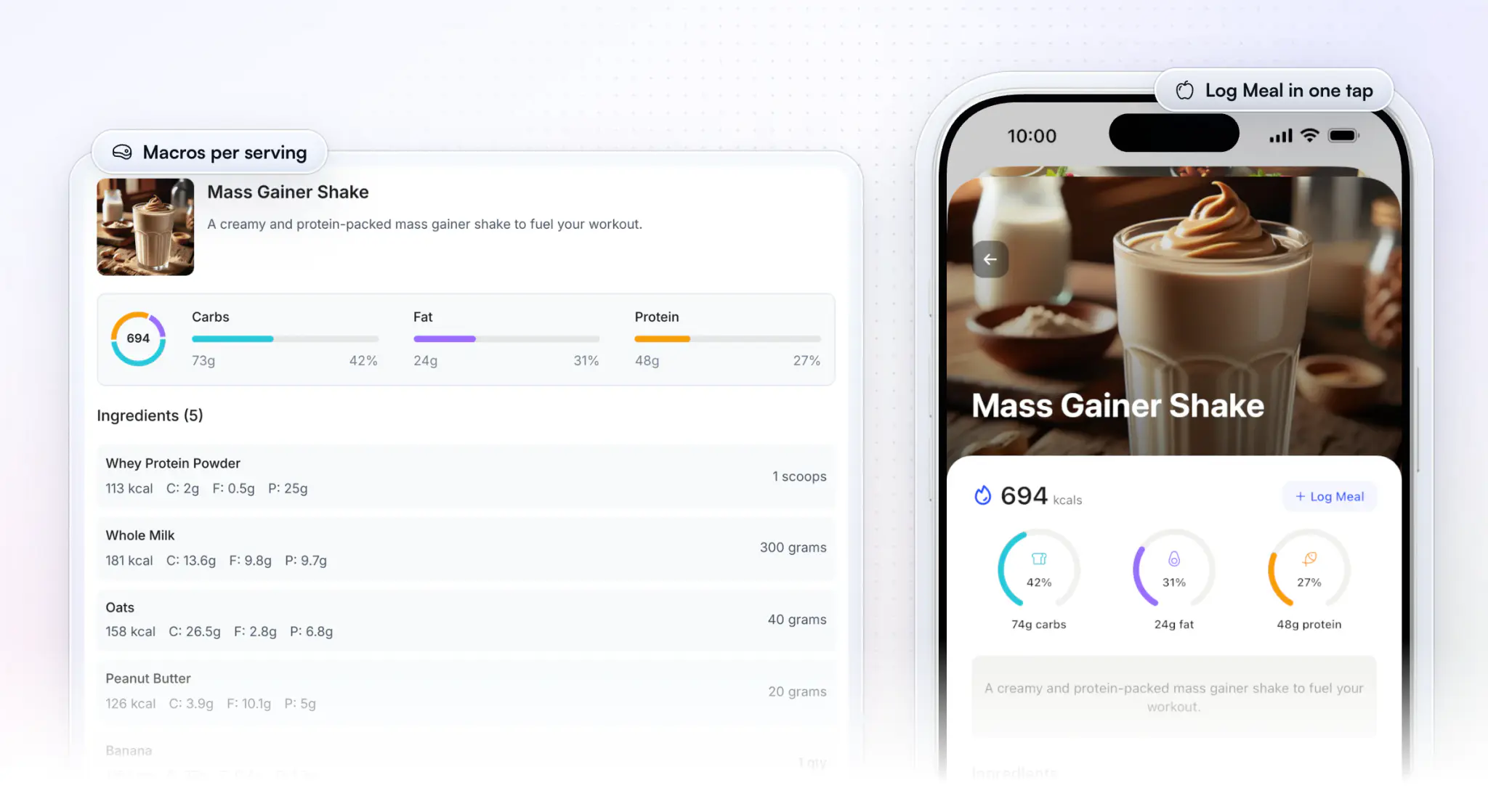 The Mass Gainer Shake in HubFit: the recipe page on the web with 694 kcal, macro bars and five ingredients, beside the same recipe in the client app with macro rings and a Log Meal button