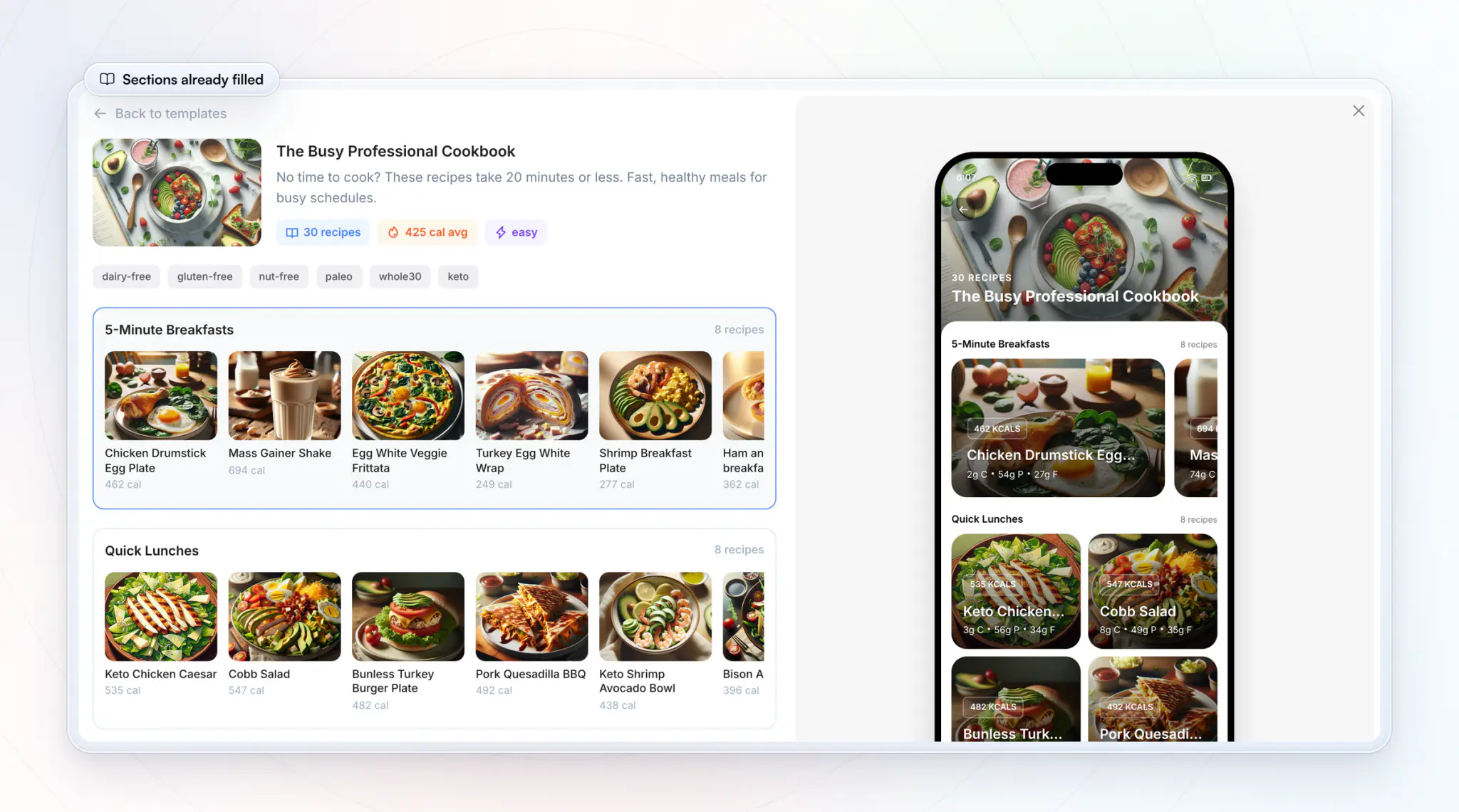 A Recipe Book template in HubFit: The Busy Professional Cookbook with 30 recipes at 425 calories on average, its 5-Minute Breakfasts and Quick Lunches sections with food photos, and the phone preview of the book