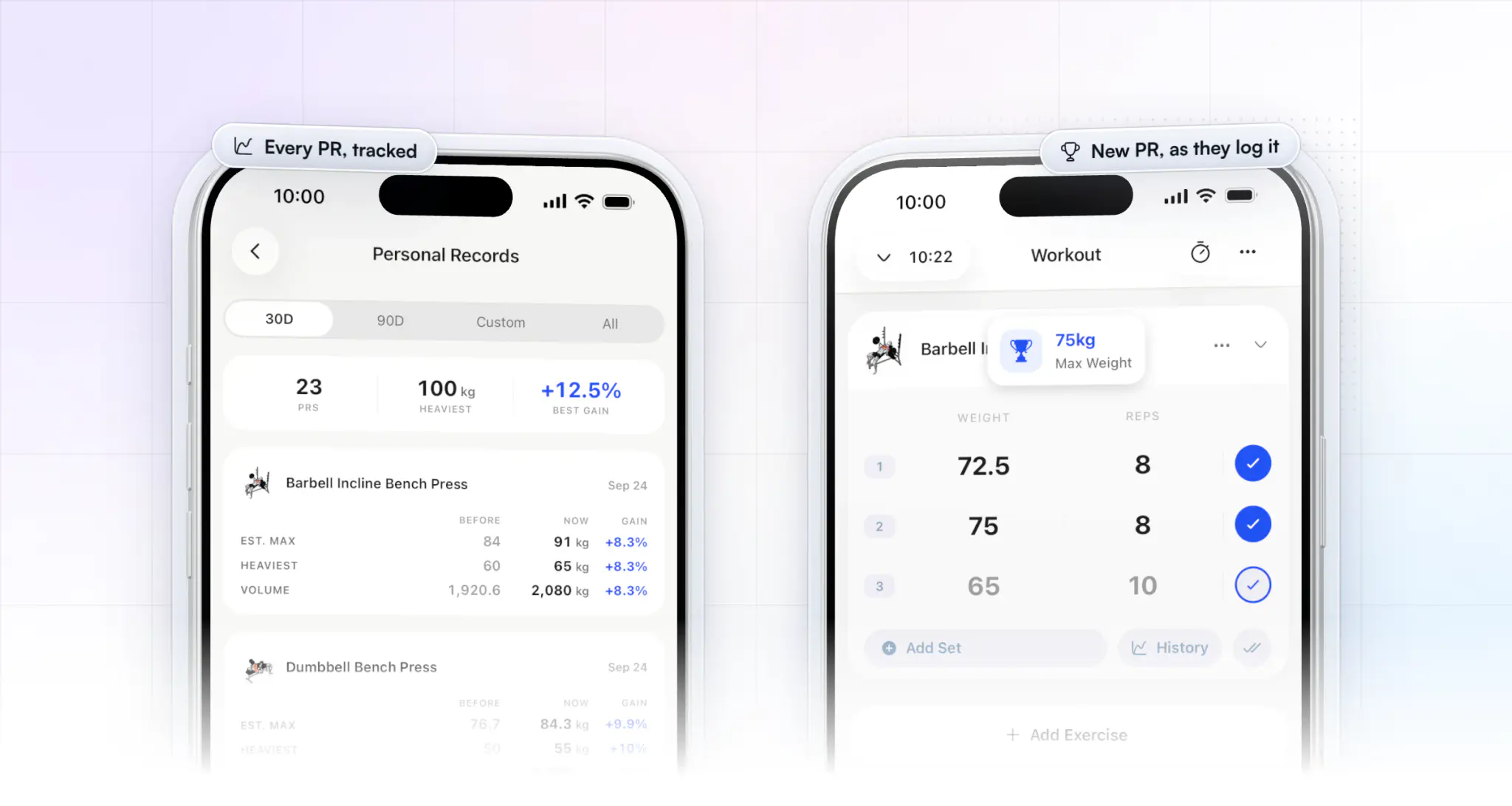 A client's progress in the HubFit app: Personal Records for the last 30 days with 23 PRs, a 100 kg heaviest lift and a 12.5% best gain, each exercise's before and now, beside a workout where a new 75 kg max weight record pops up as the set is logged