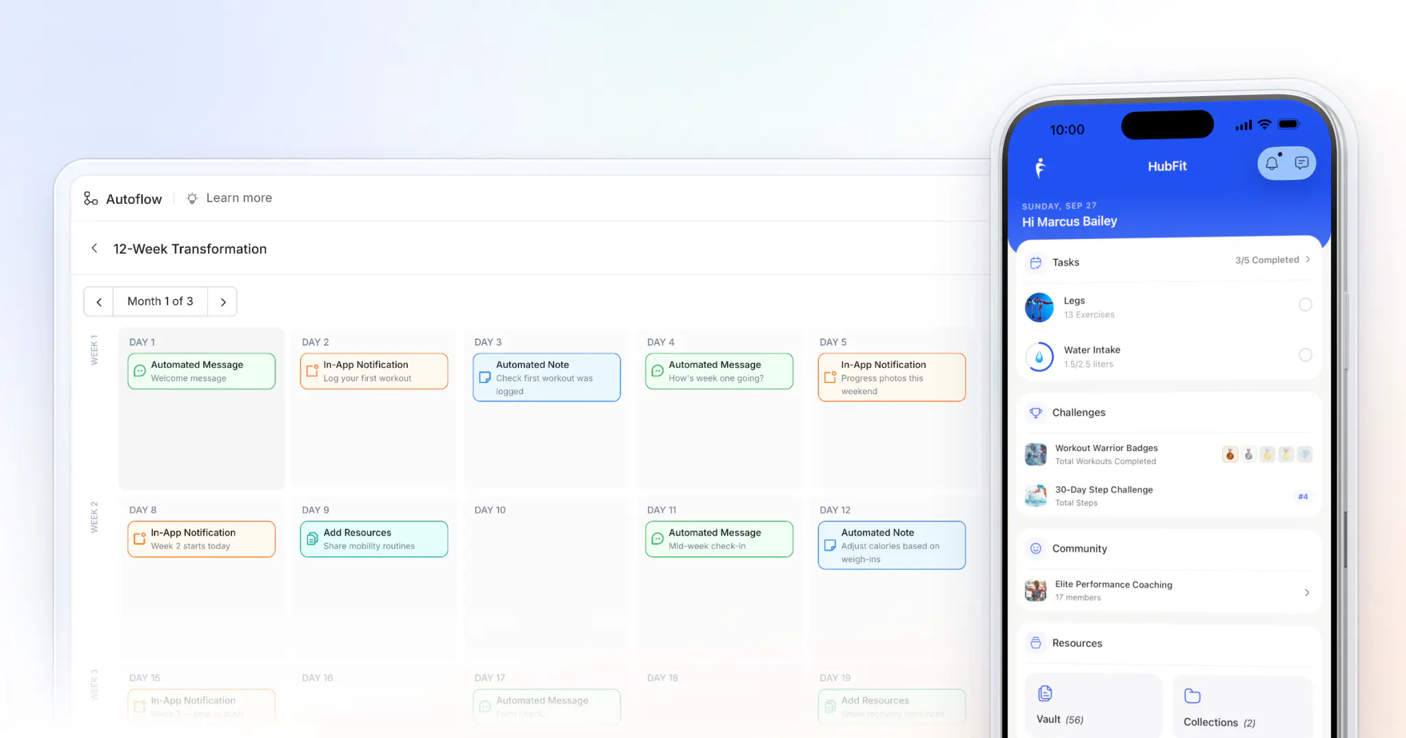A 12-Week Transformation AutoFlow in HubFit on the web, a month of automated messages, in-app notifications, notes and resources set out day by day, beside an iPhone with the client's home screen and the day's tasks, challenges and community