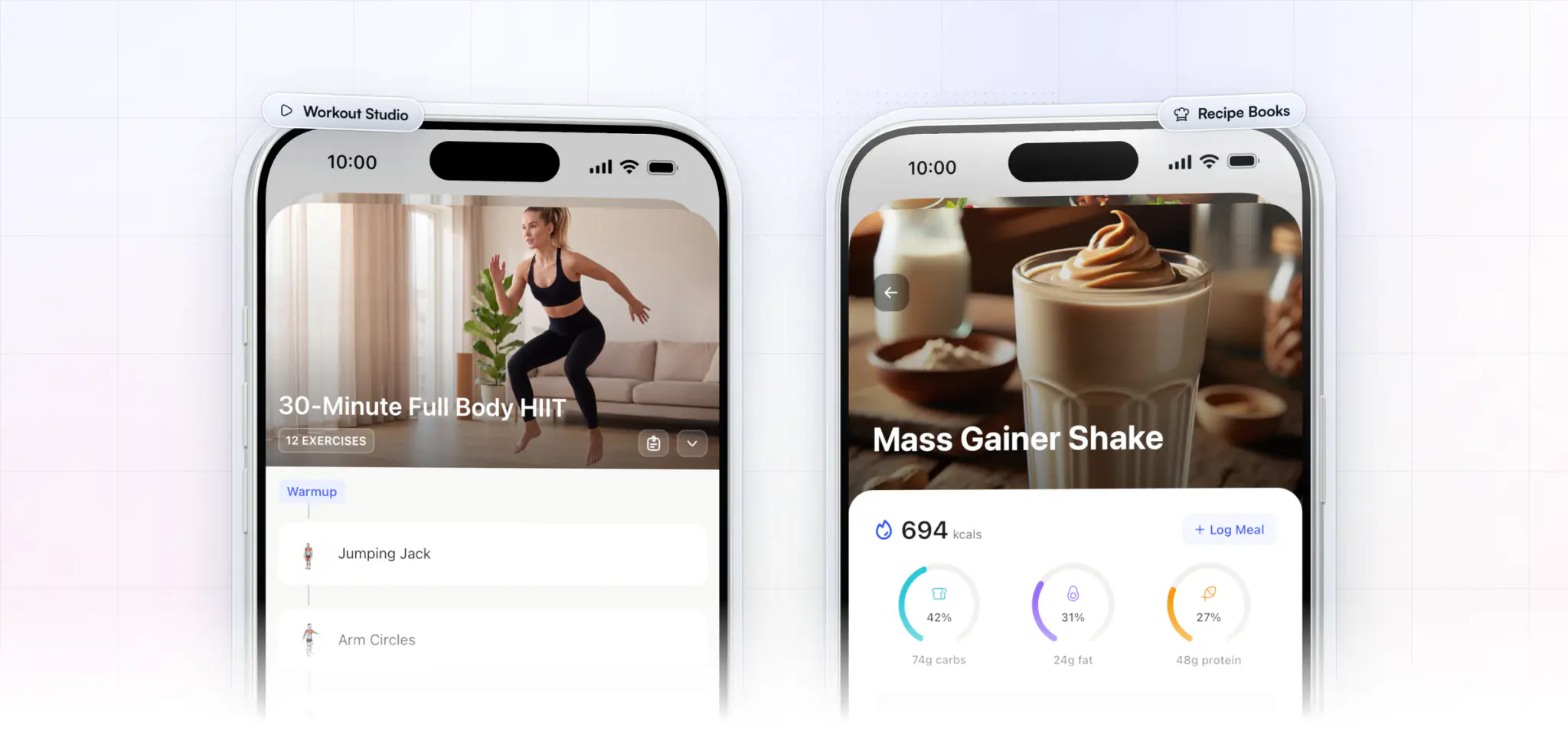 Two iPhones with what a membership buyer opens in the client app: a follow-along 30-Minute Full Body HIIT workout from the Workout Studio, and a Mass Gainer Shake recipe with its calories, macros and ingredients