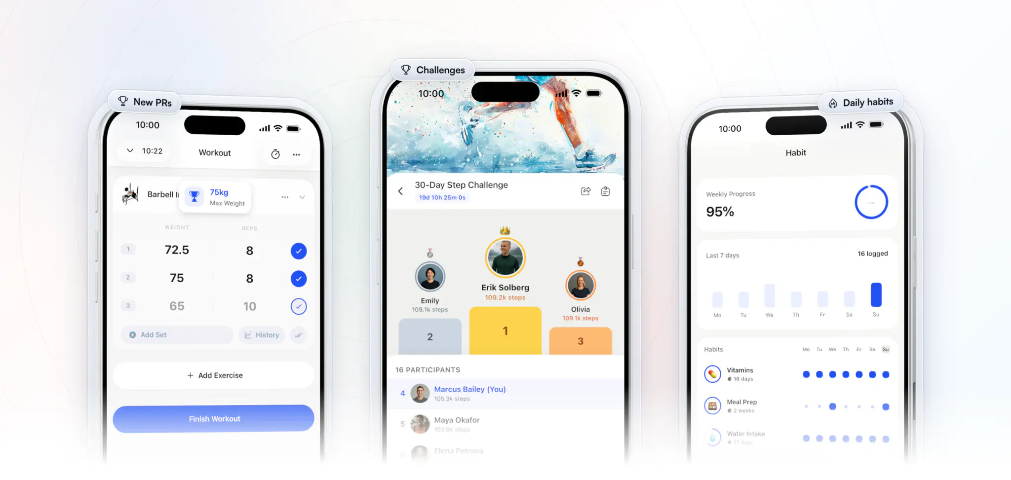 Three iPhones with what every client gets in the app: a new 75 kg personal record on the barbell incline bench mid-workout, a 30-day step challenge leaderboard with its podium, and daily habits with their weekly progress and streaks