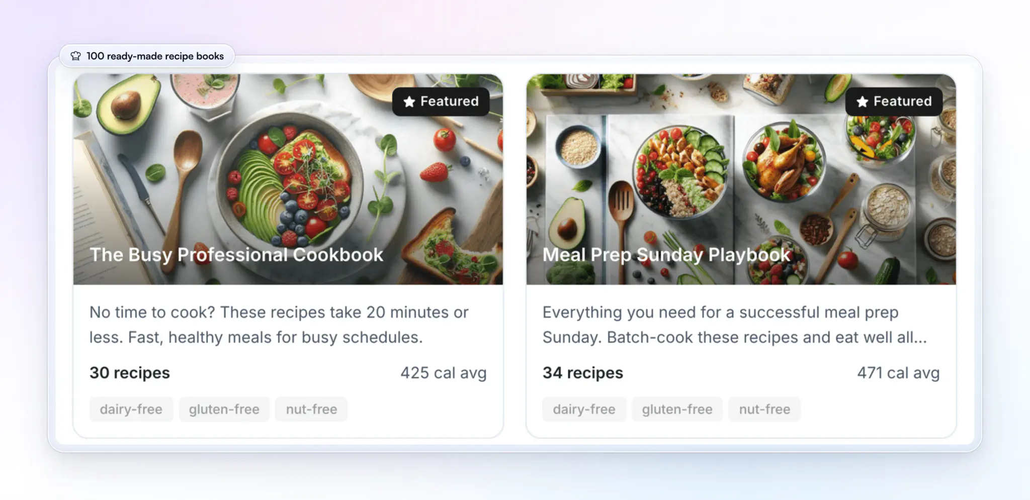 HubFit's Recipe Book Templates on the web: two ready-made cookbooks with their recipe counts, average calories and diet tags
