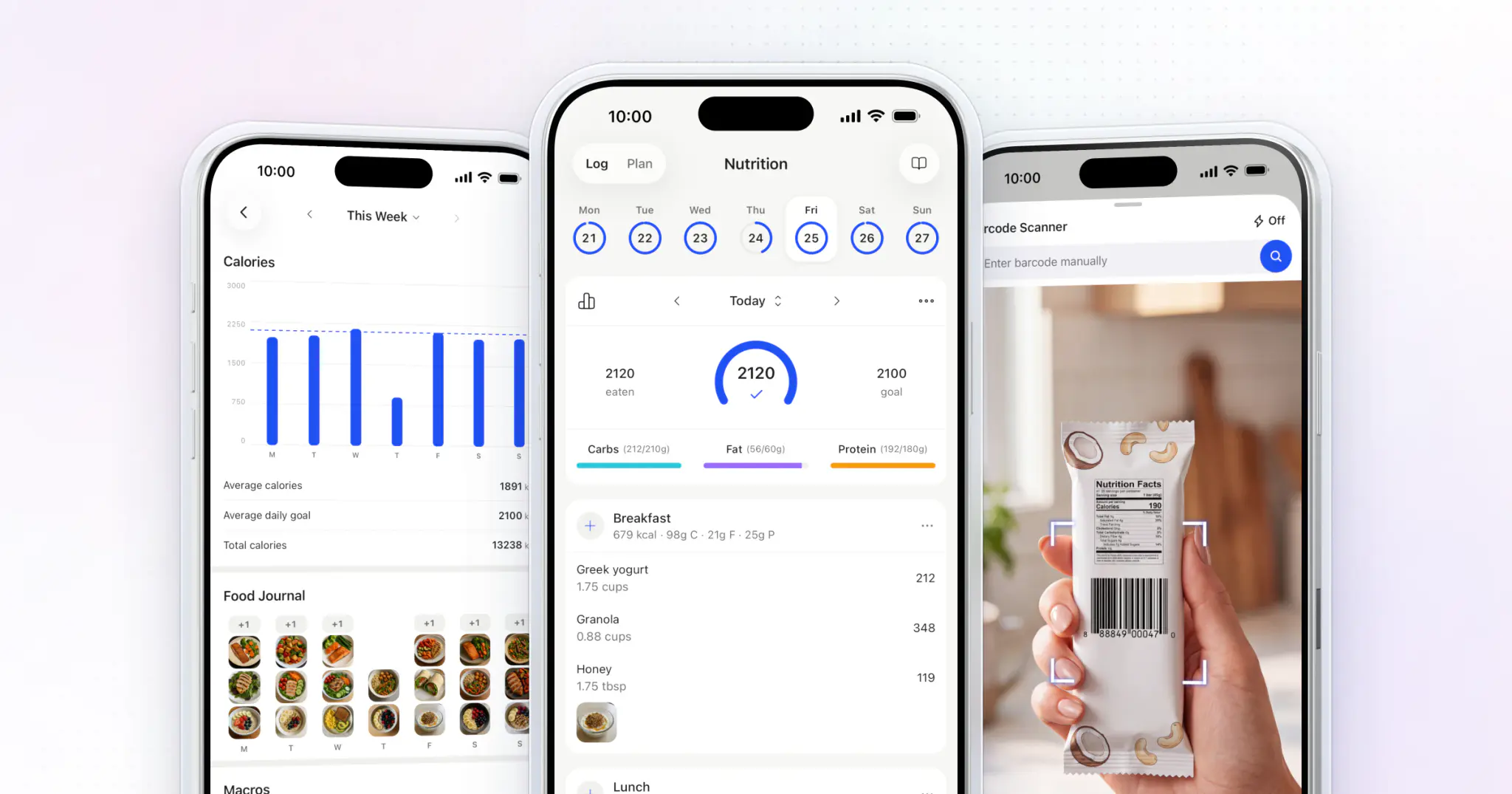 A shared meal plan in the HubFit client app on three iPhones: the week's calories by day against the goal with the average and total, today's nutrition log with 2,120 of 2,100 calories and the macro bars, and a protein bar being logged with the barcode scanner