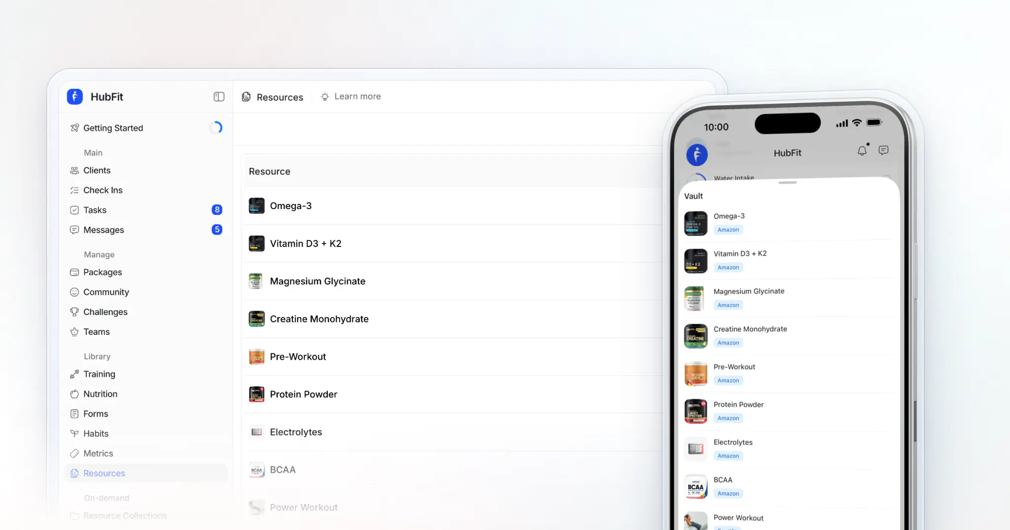 HubFit's resources page on the web, where a coach keeps supplements, guides and playlists, beside an iPhone showing the same resources in the client's vault