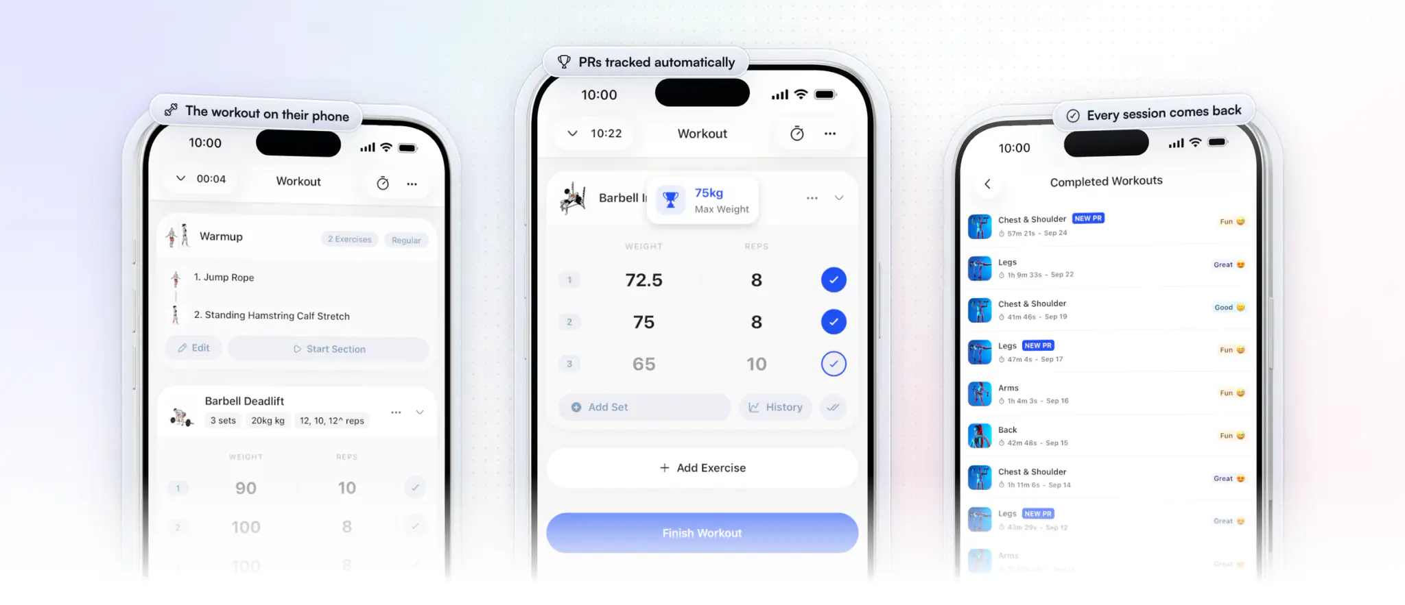 A program delivered in the HubFit client app on three iPhones: a live workout with the warm-up and Barbell Deadlift sets to tick off, a new 75 kg max-weight PR popping up mid-set on the incline bench press, and the client's completed workouts, each with its date, time and new PR badges