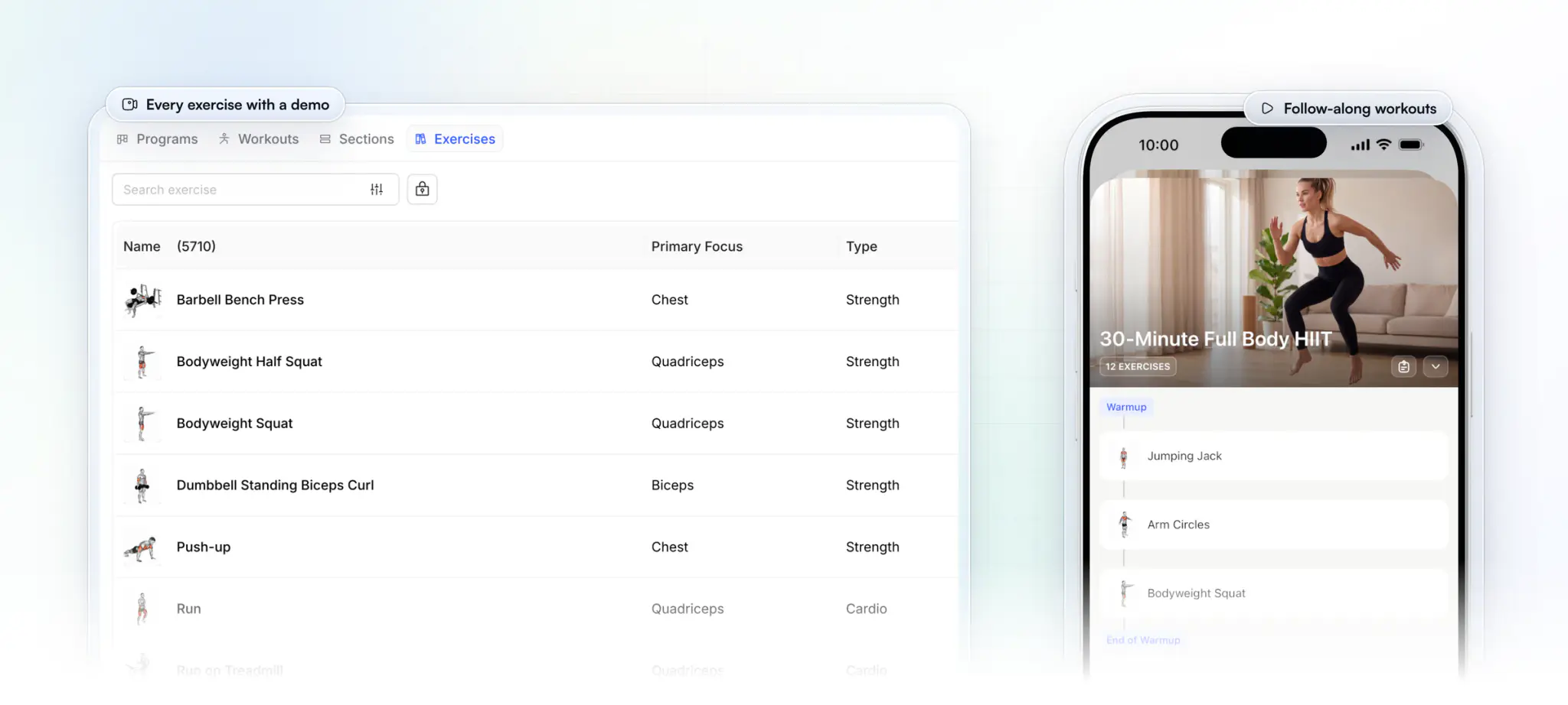HubFit's exercise library on the web, 5,710 exercises each with a demo thumbnail, its primary focus and type, beside a client's phone with a follow-along 30-Minute Full Body HIIT workout from Workout Studio, ready to start