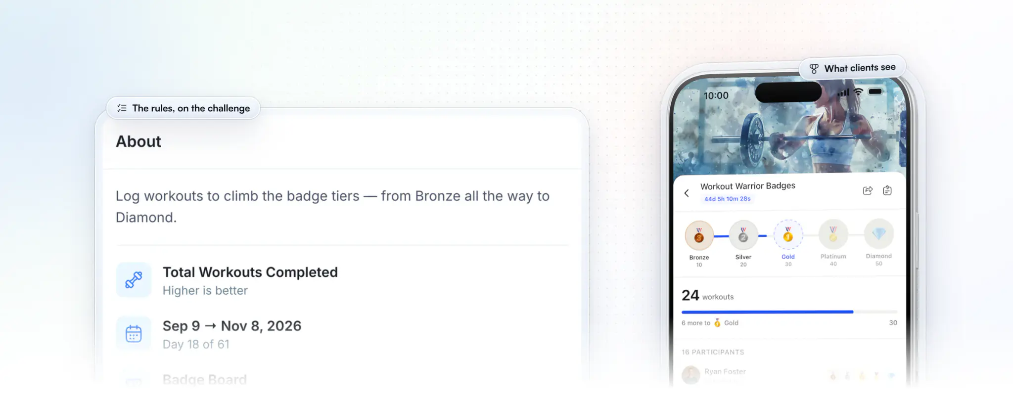 A milestone challenge in HubFit: its About panel with the rule, log workouts to climb the badge tiers from Bronze to Diamond, the metric, Total Workouts Completed, and the dates, beside the client's challenge screen with the badge tiers and leaderboard
