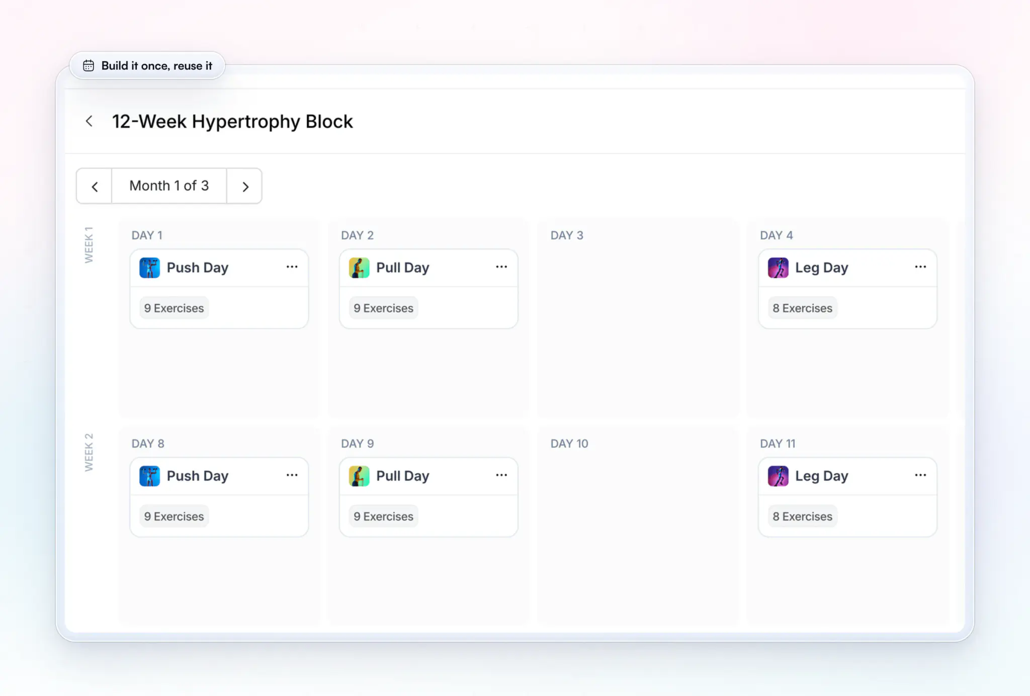 The HubFit program builder on the web: a 12-Week Hypertrophy Block laid out by day, with Push Day, Pull Day, Leg Day and Arms sessions across the first two weeks and the number of exercises in each