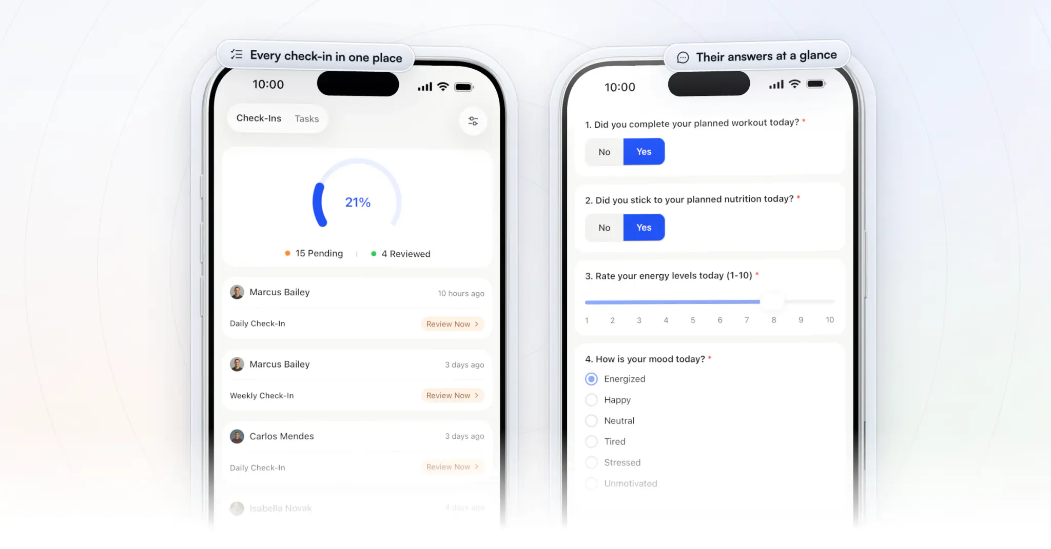 The coach app on two iPhones: the check-ins tab with each client's latest check-in and a Review Now button, and a client's daily check-in open for review, with their Yes answers on training and nutrition, an energy score and their mood